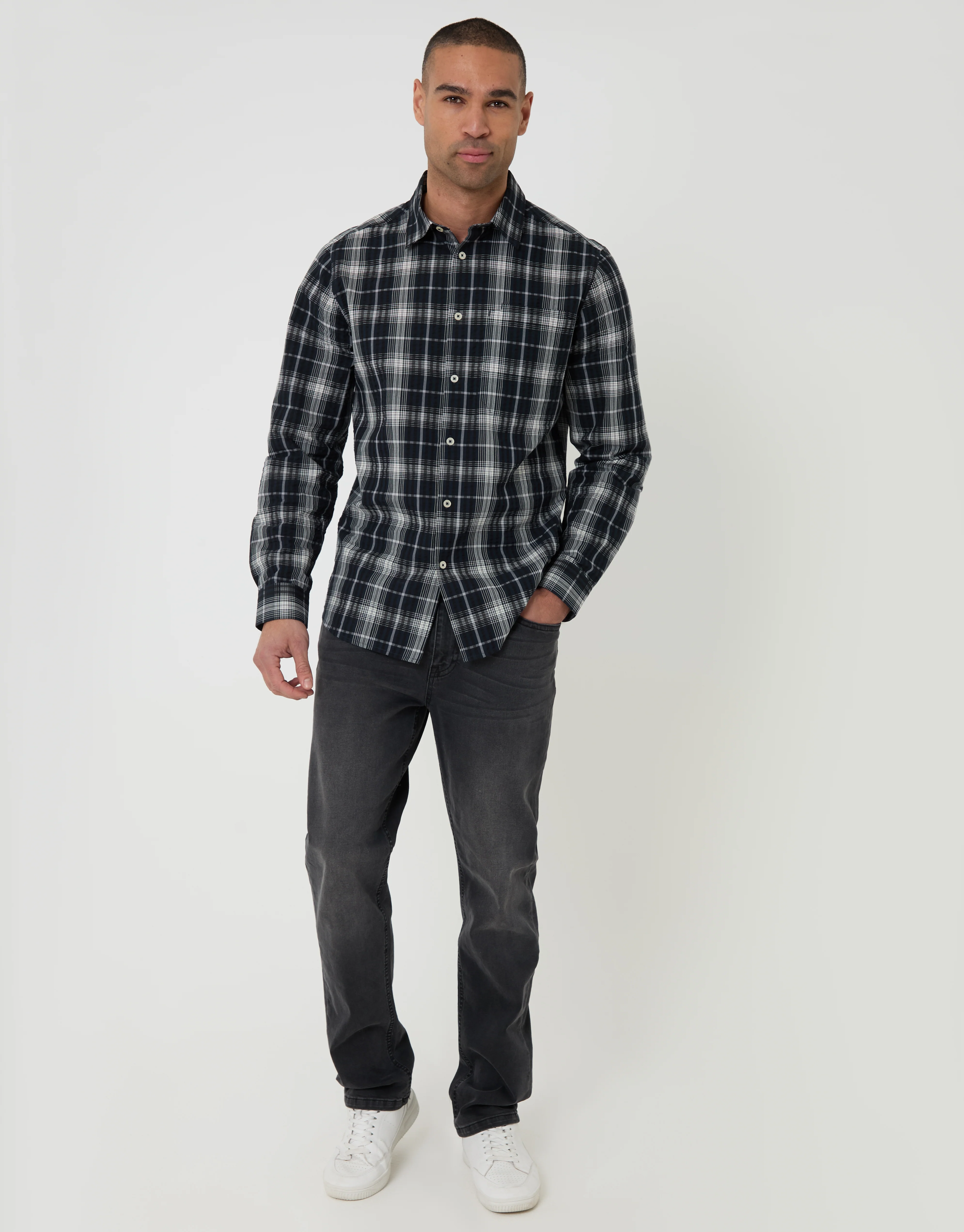 Cotton Long Sleeve Shirt in Black Check - Image 3