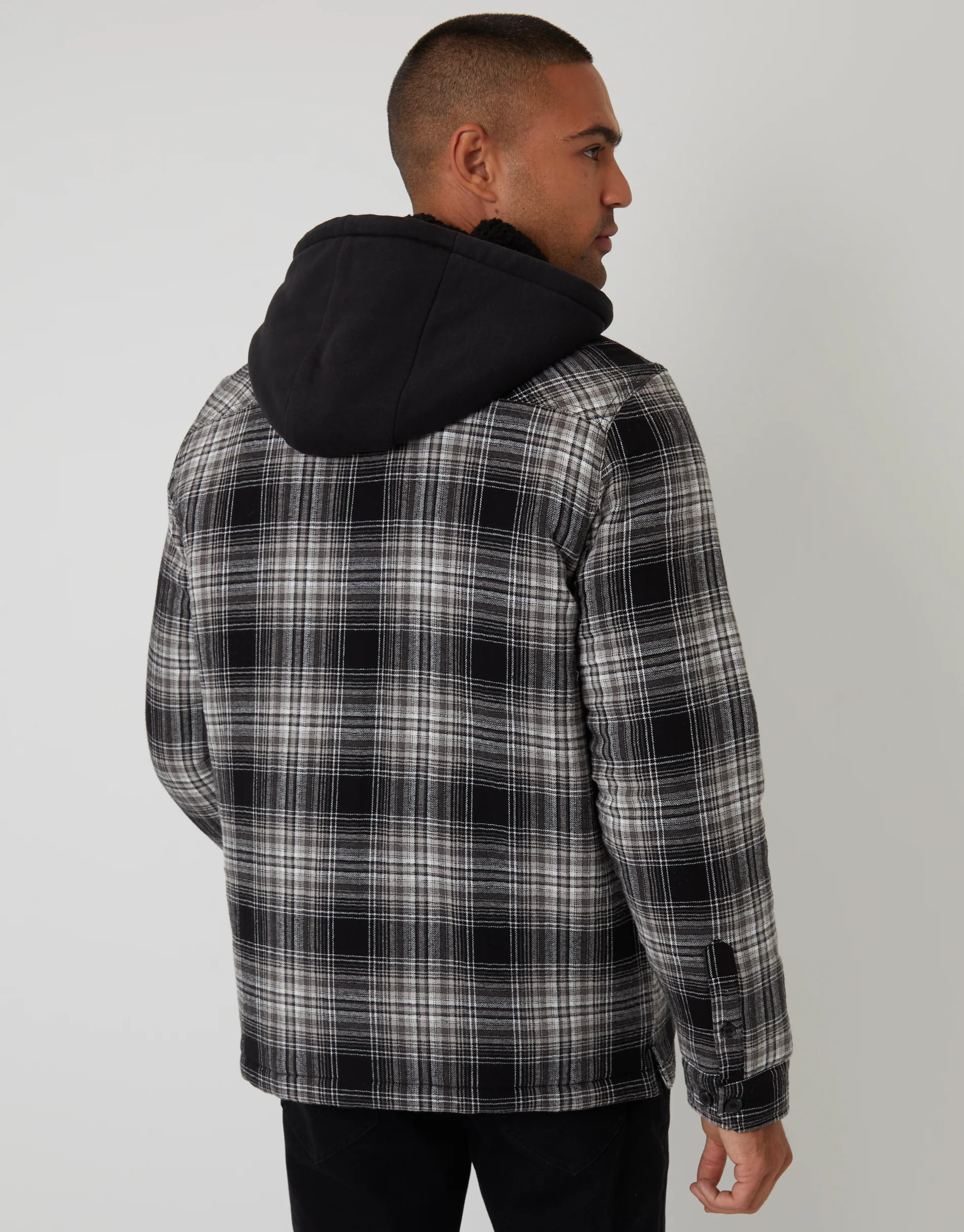 Quilted Shacket with Borg Lined Hood in Black Check - Image 2