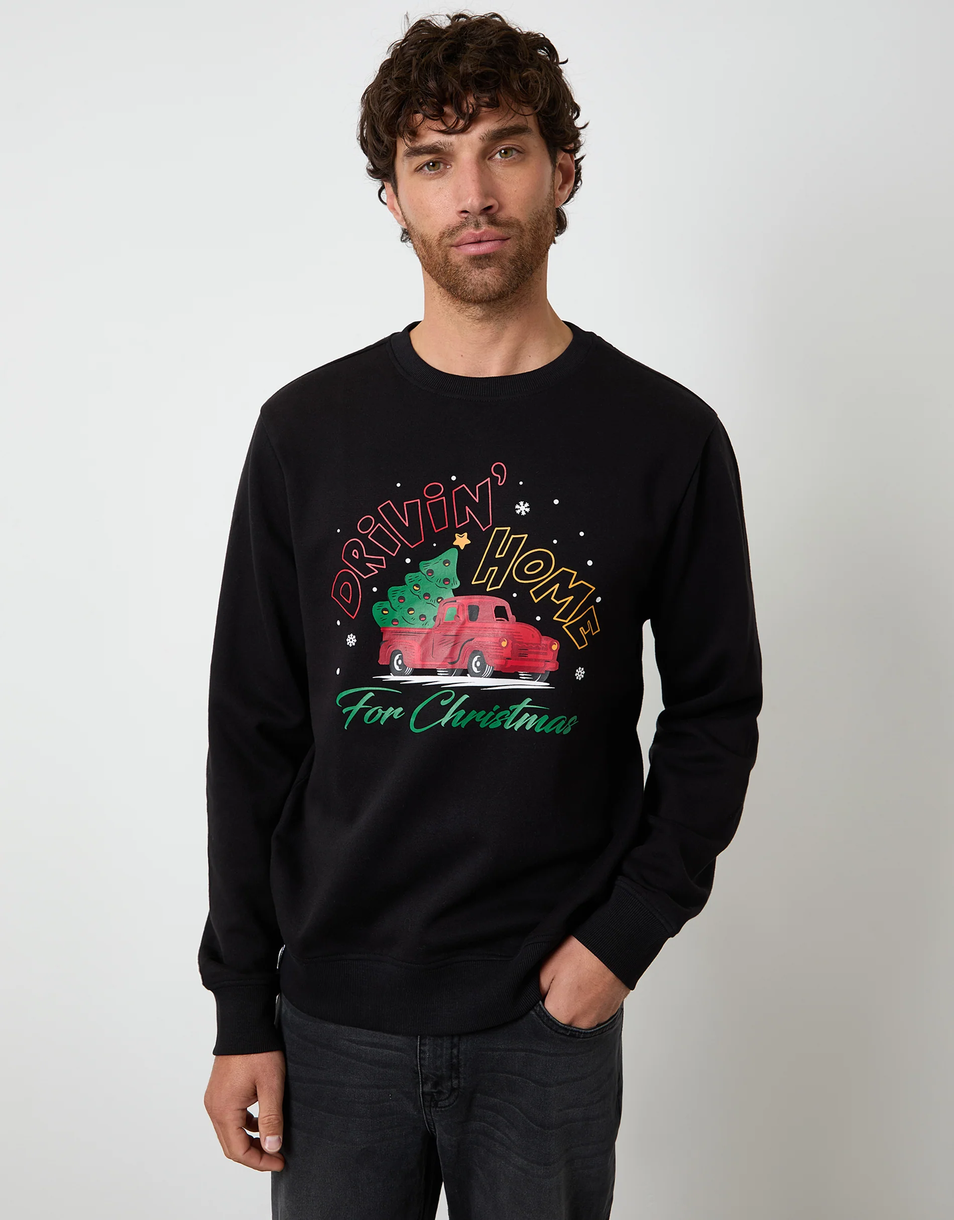 Christmas Graphic Print Crew Neck Sweatshirt in Black - Image 2