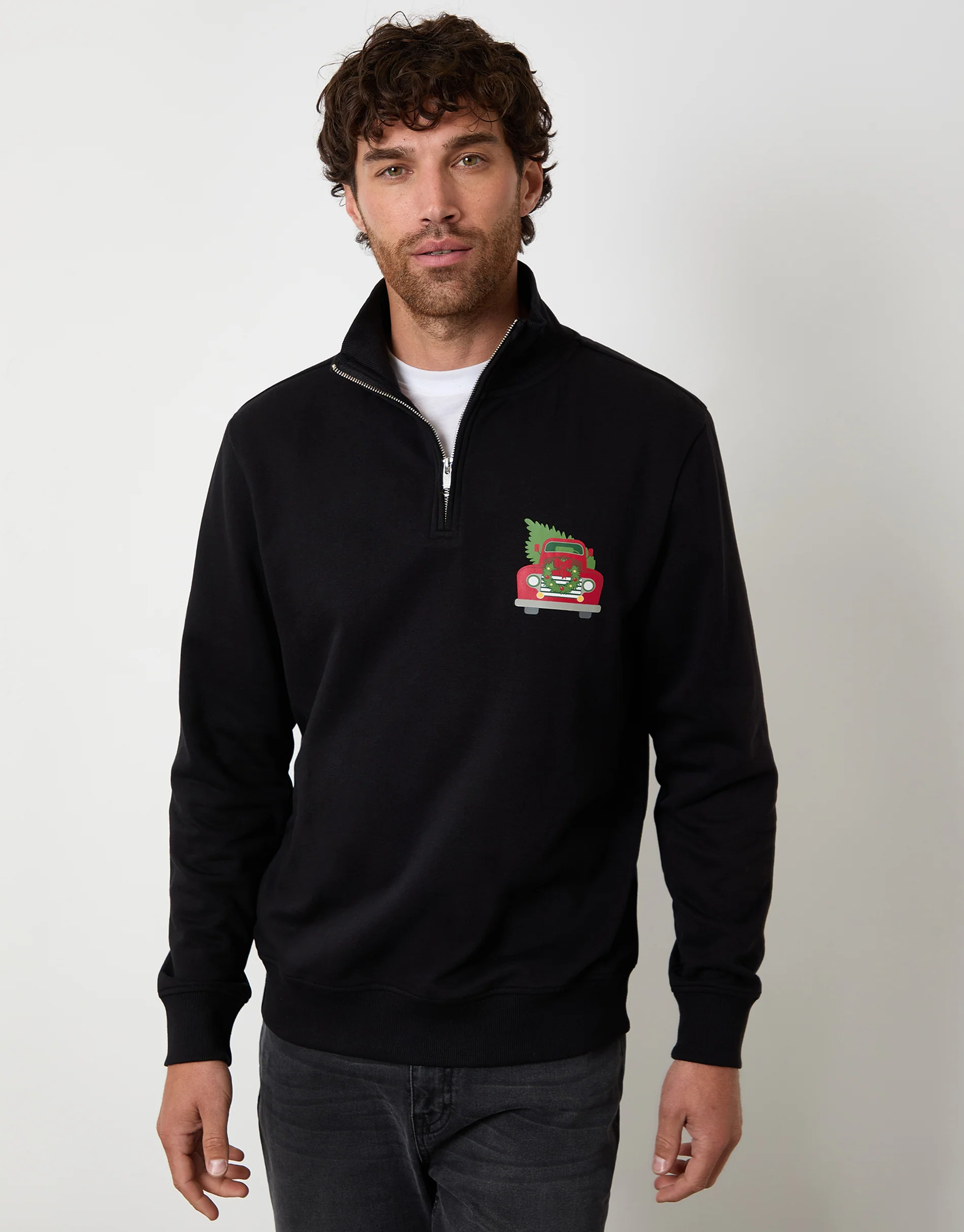 Christmas Graphic Print Quarter Zip Sweatshirt in Black