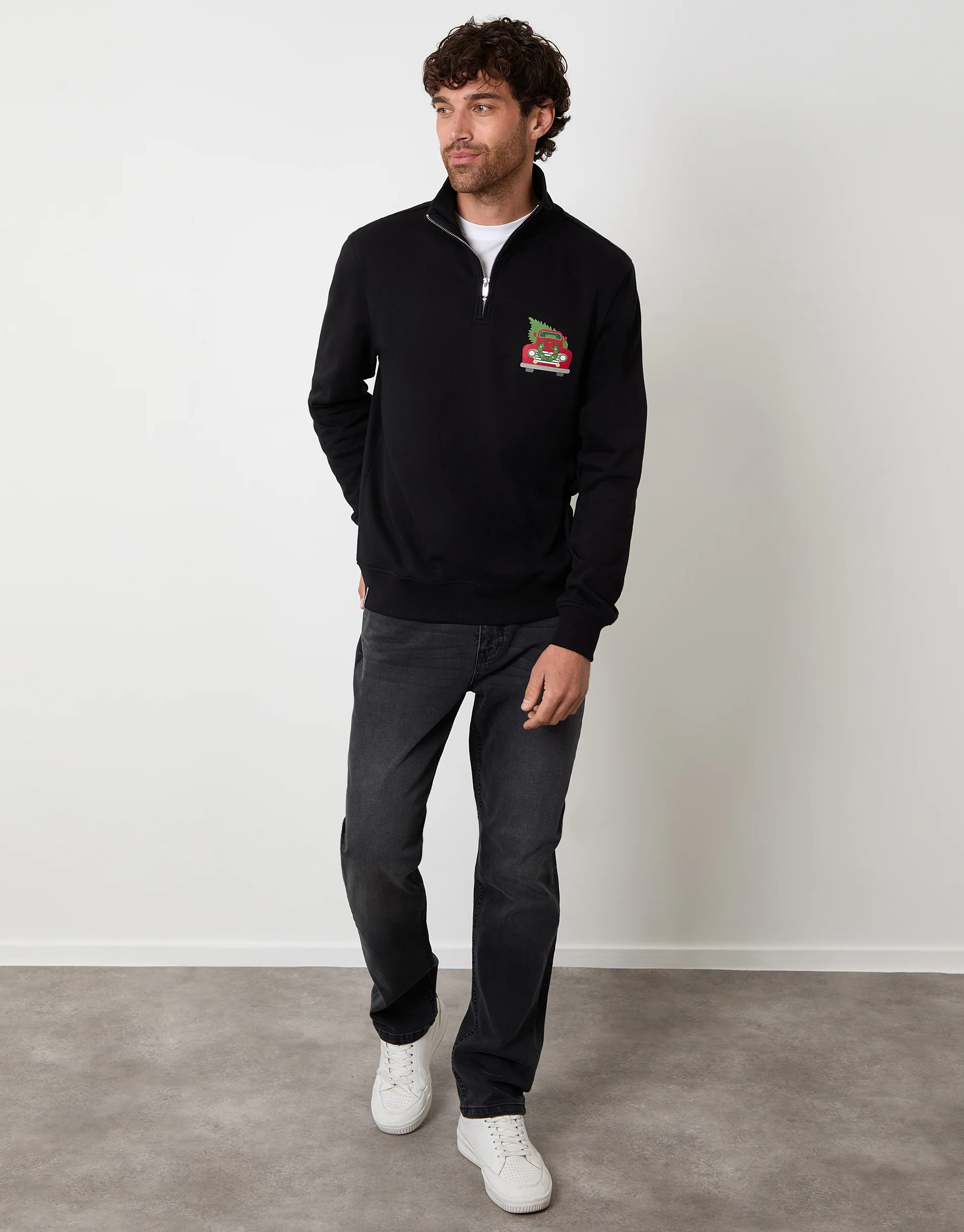 Christmas Graphic Print Quarter Zip Sweatshirt in Black - Image 3