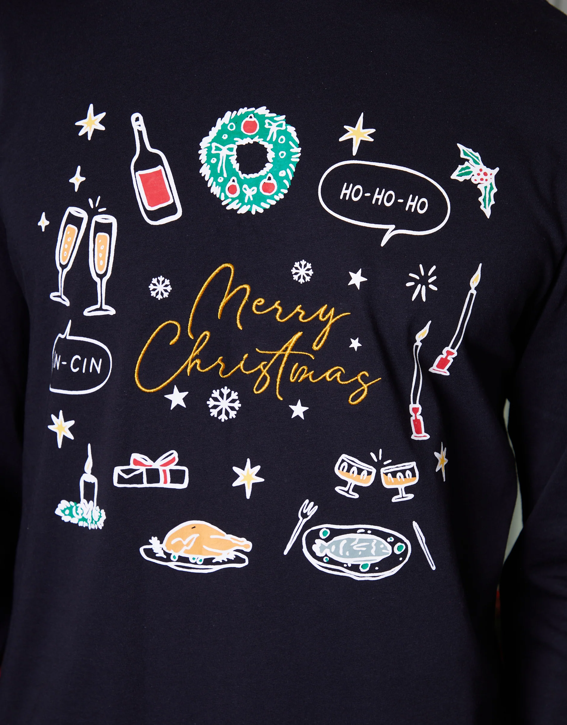 Christmas Print Long Pyjama Set in Black - Image 5