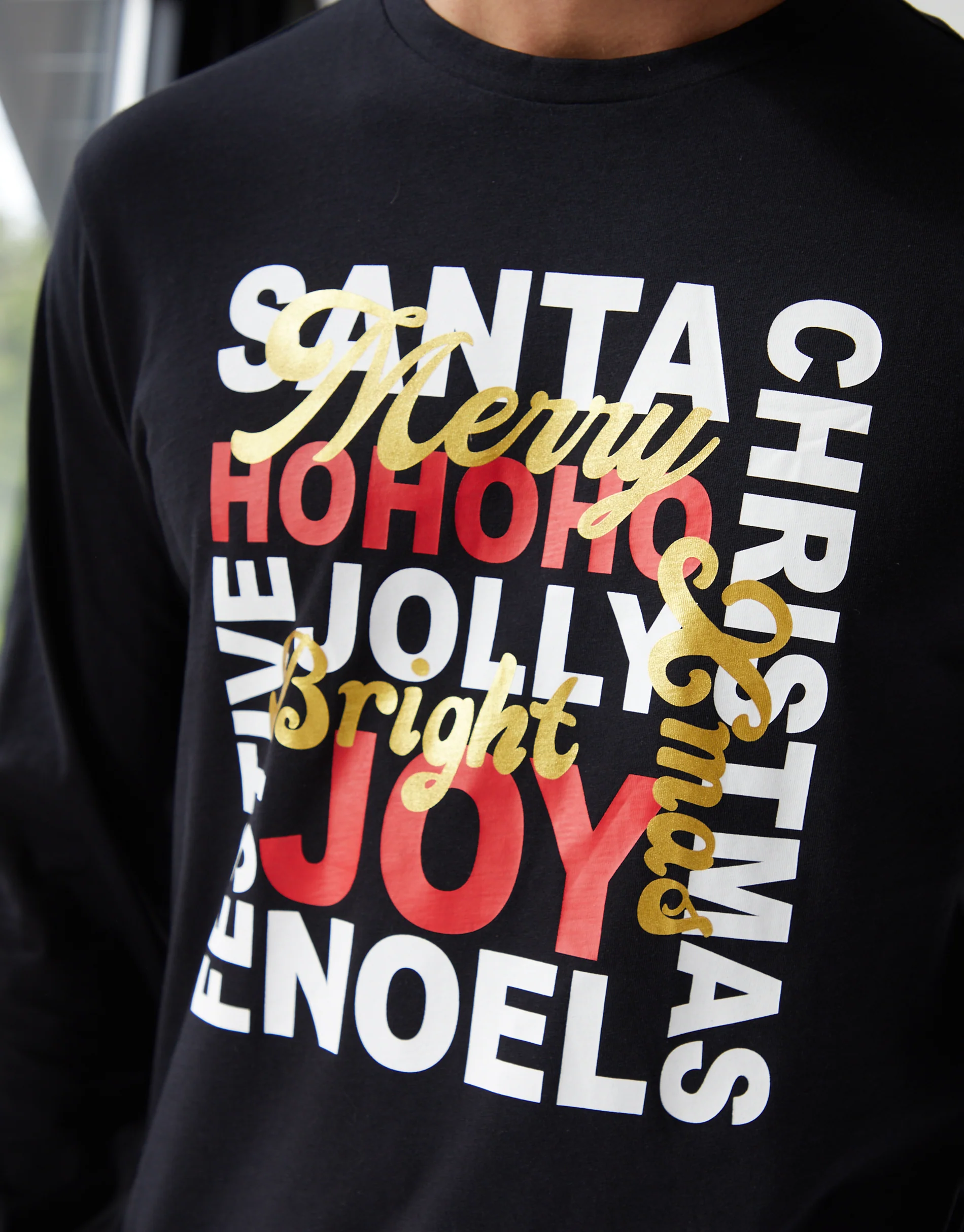 Christmas Slogan Graphic Long Pyjama Set in Black - Image 5