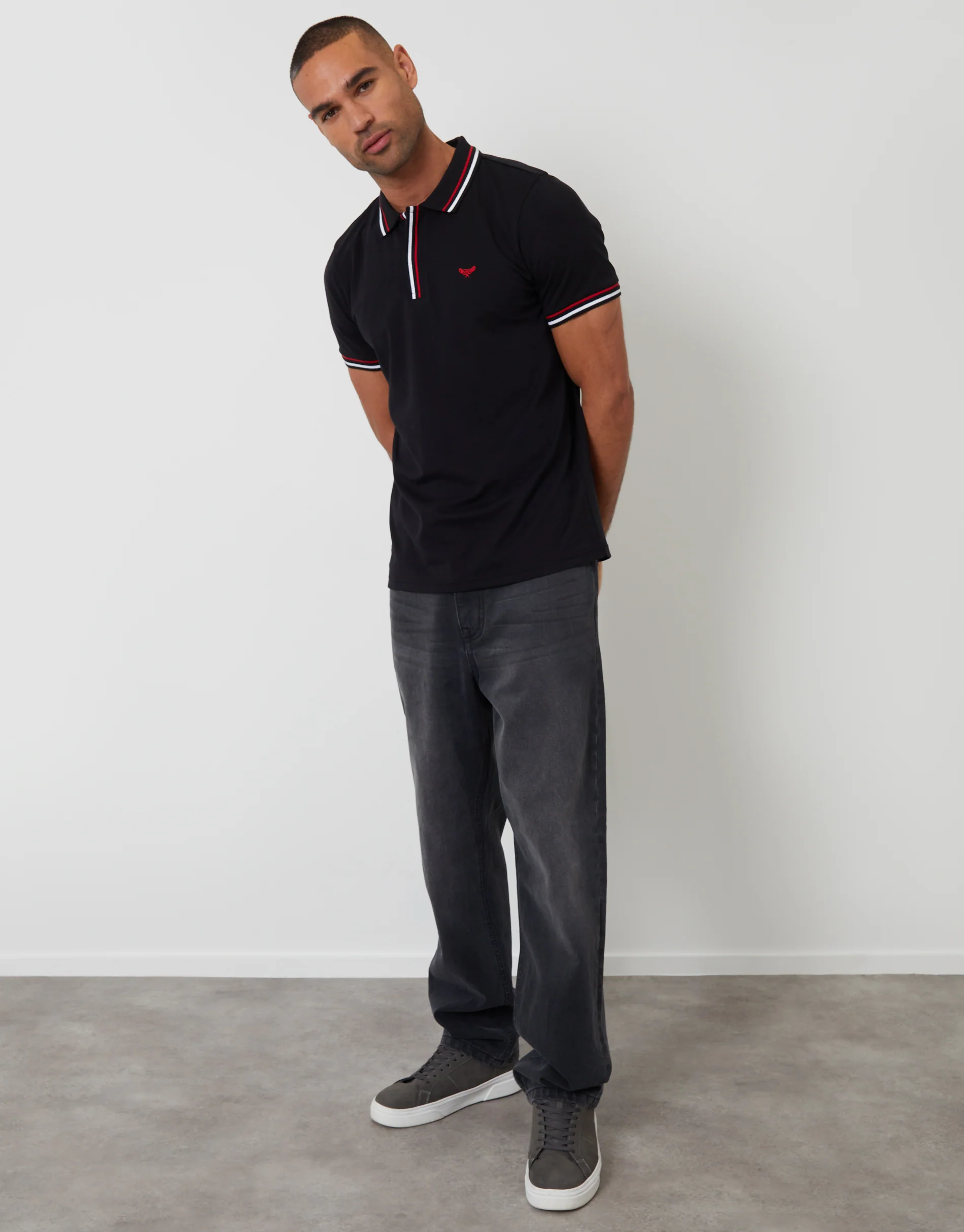 Contrast Tipping Hidden Placket Polo Shirt in Black - Image 3