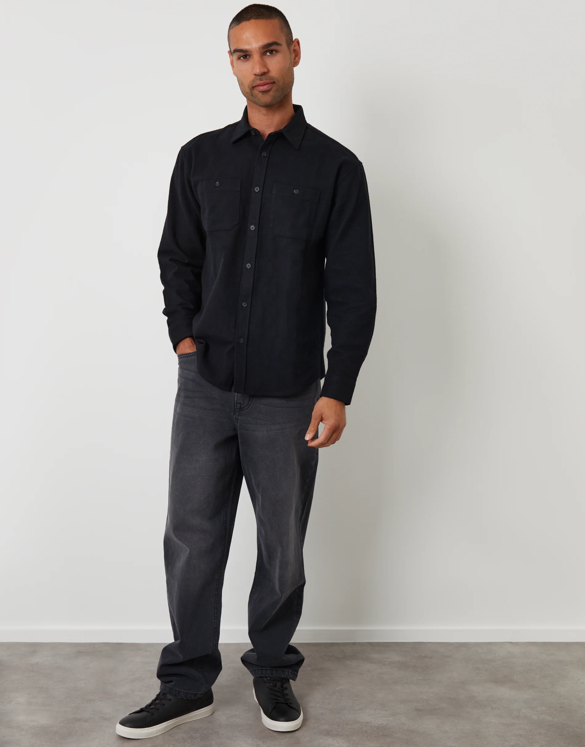 Relaxed Fit Cotton Flannel Shirt in Black - Image 3