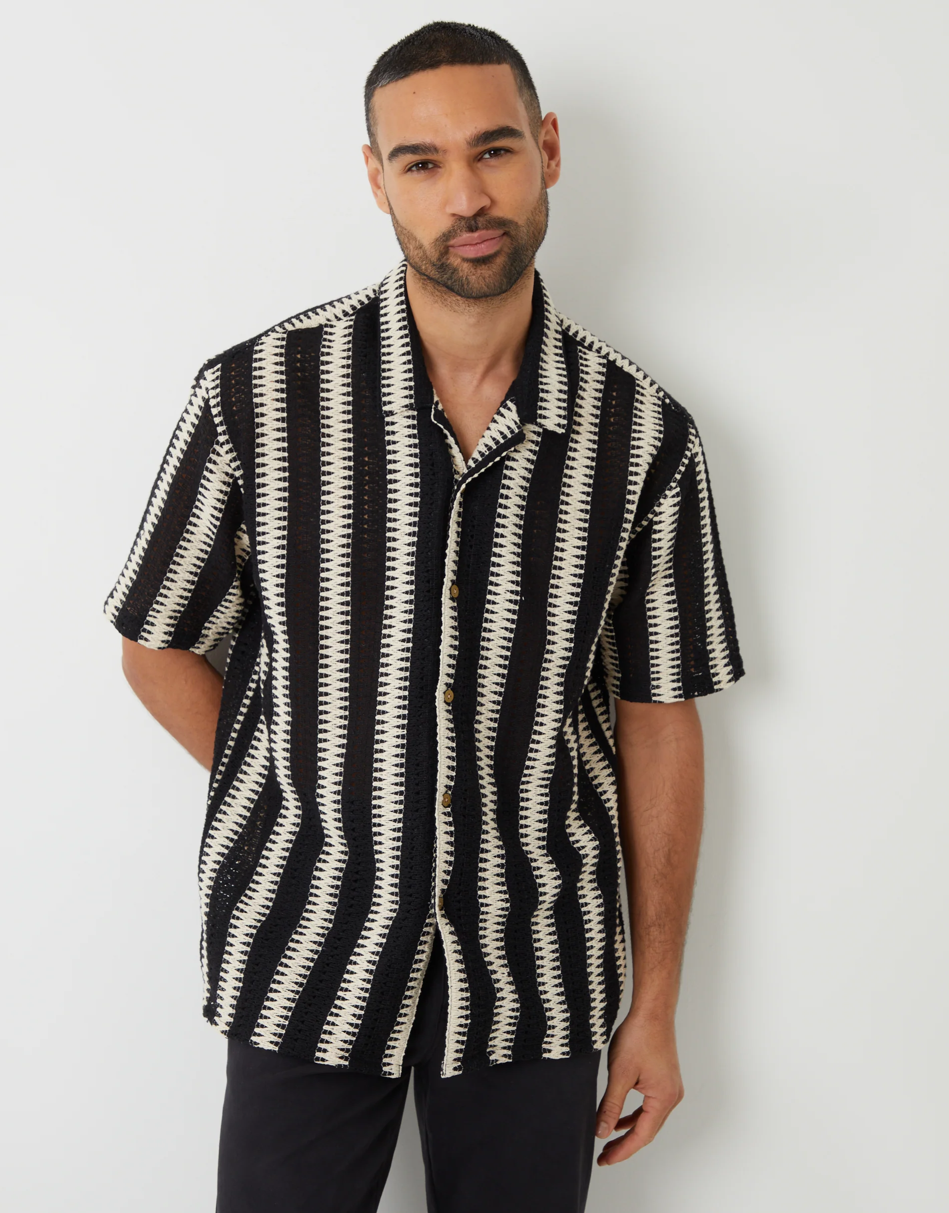 Relaxed Fit Crochet Short Sleeve Shirt in Black & Ecru Stripe - Image 2