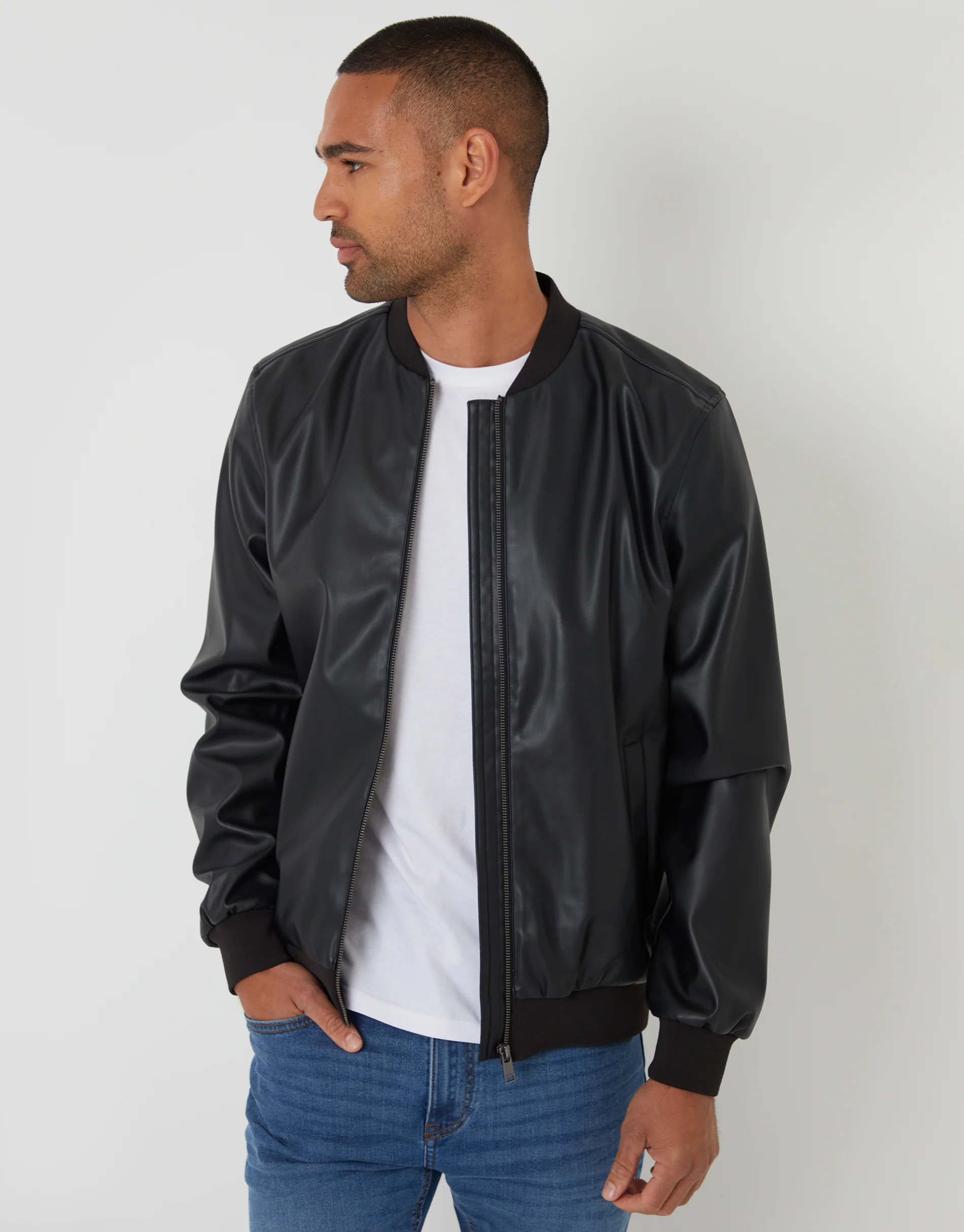 Faux Leather Biker Jacket in Black