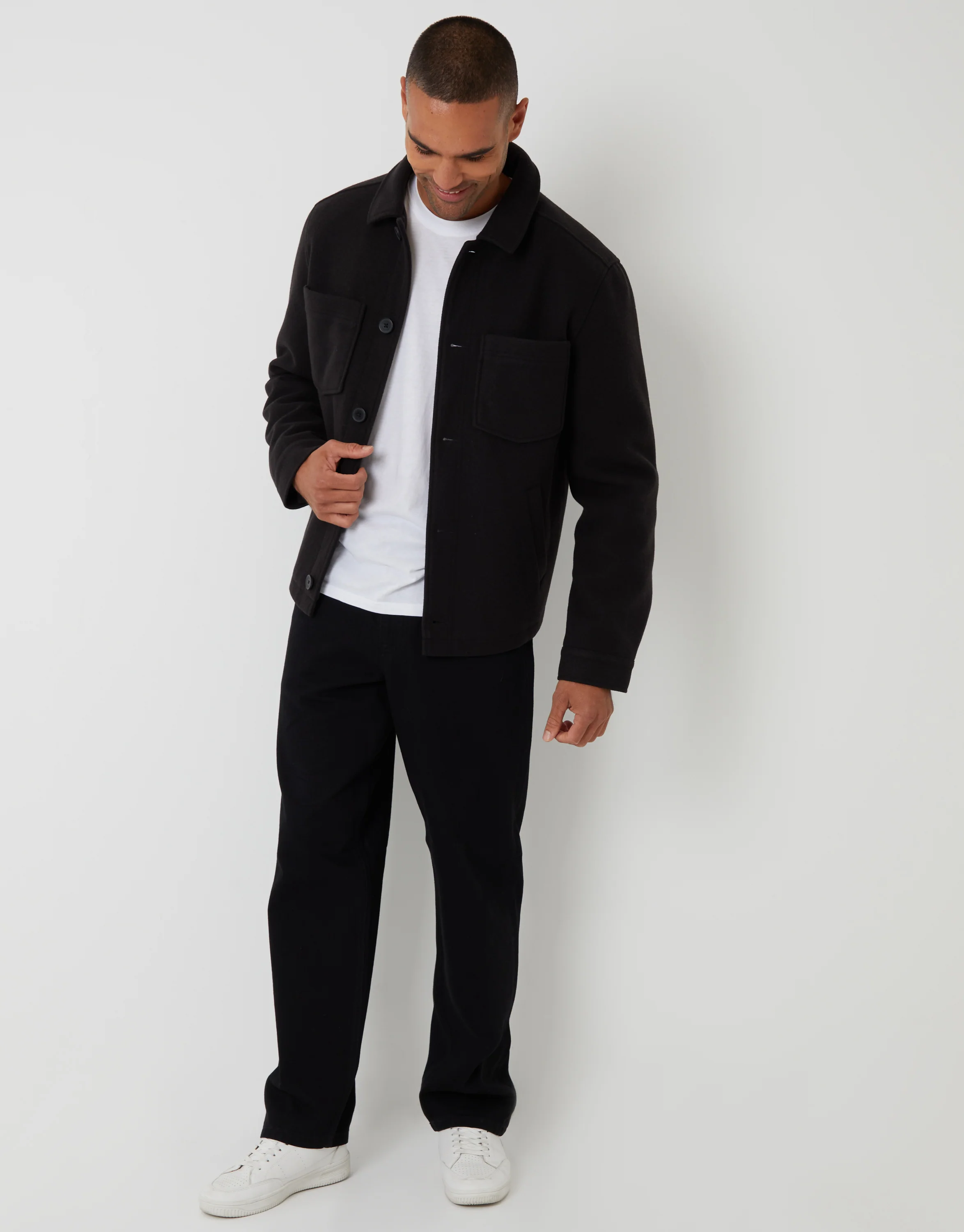 Faux Wool Button Up Quilted Shacket in Black - Image 3