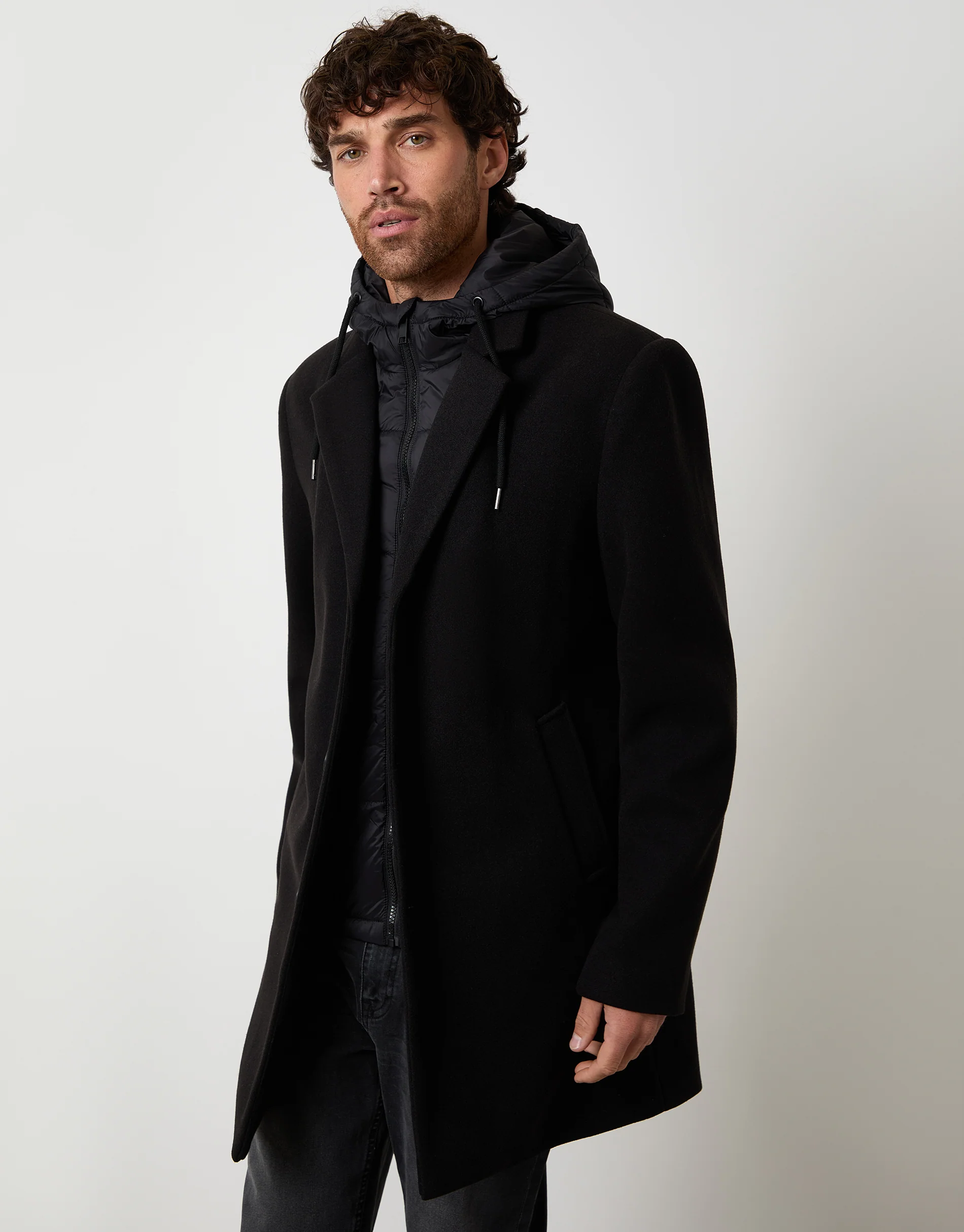 Faux Wool Mock Inner Hooded Longline Coat in Black