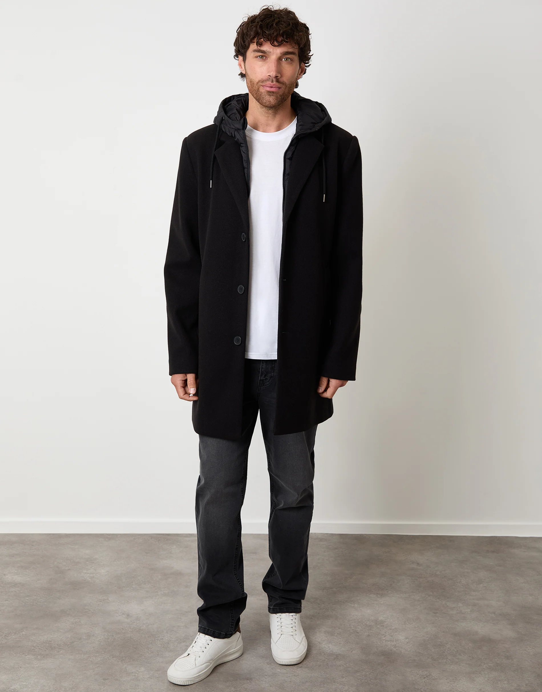 Faux Wool Mock Inner Hooded Longline Coat in Black - Image 3