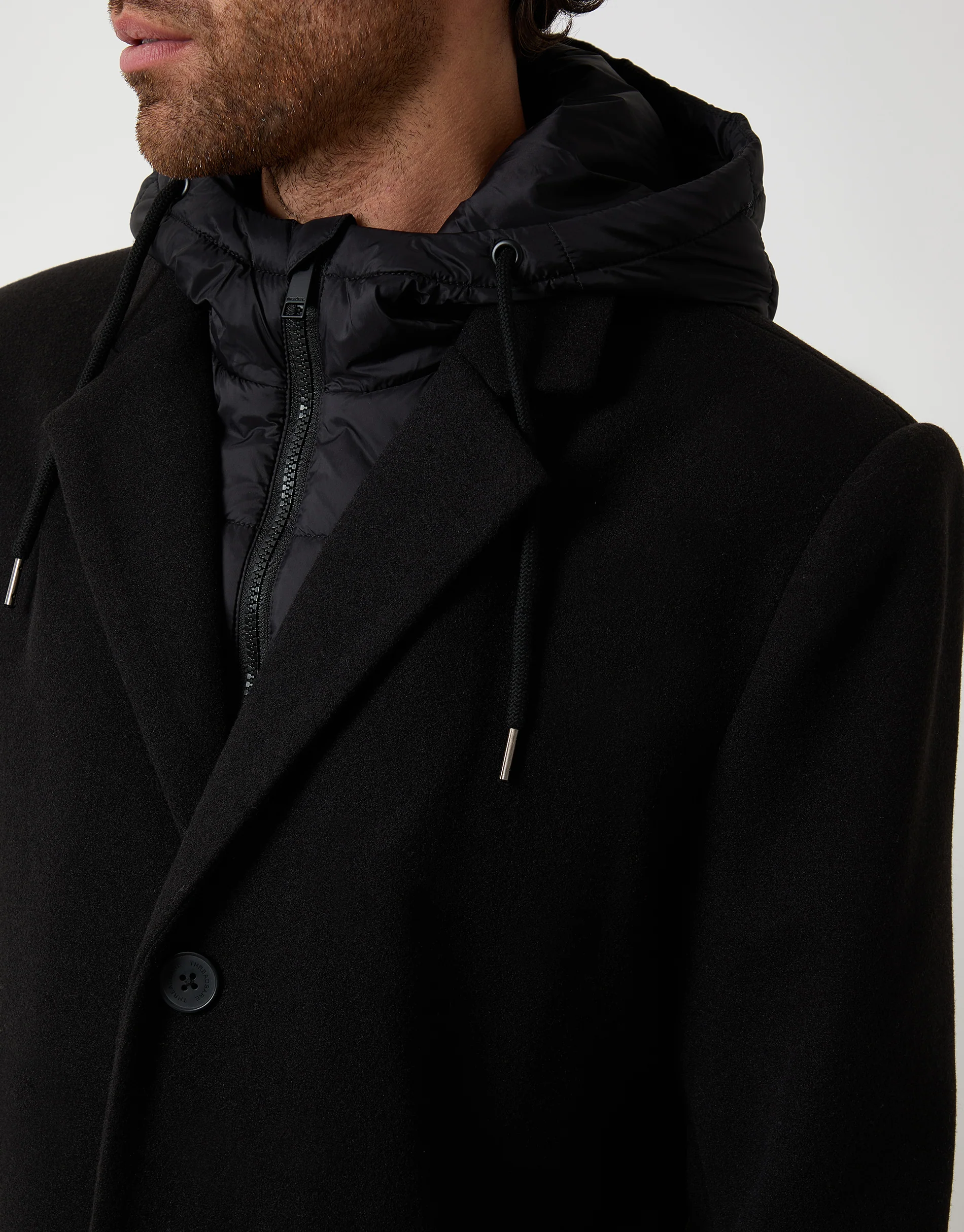 Faux Wool Mock Inner Hooded Longline Coat in Black - Image 4