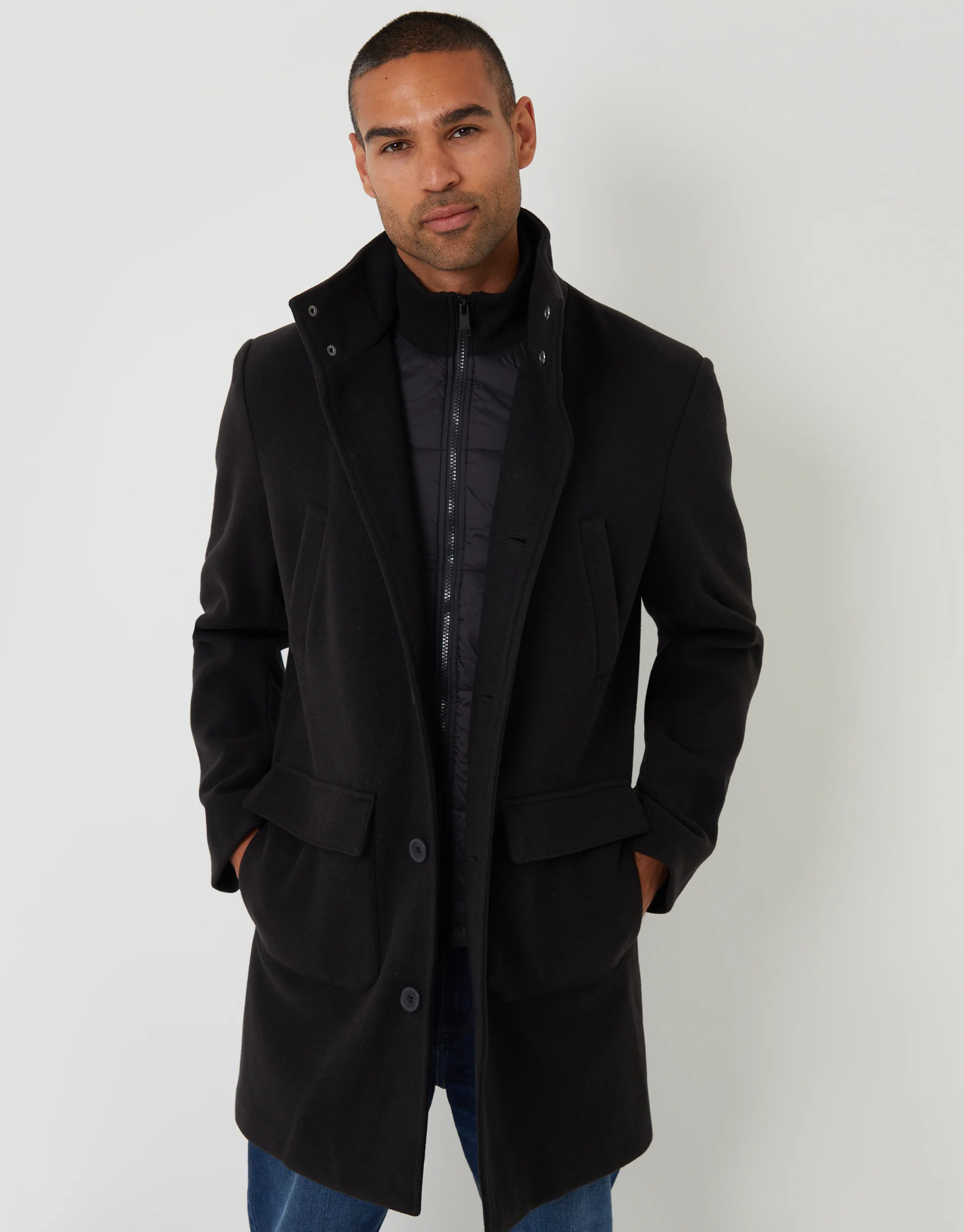 Faux Wool Mock Layer Longline Utility Coat in Black