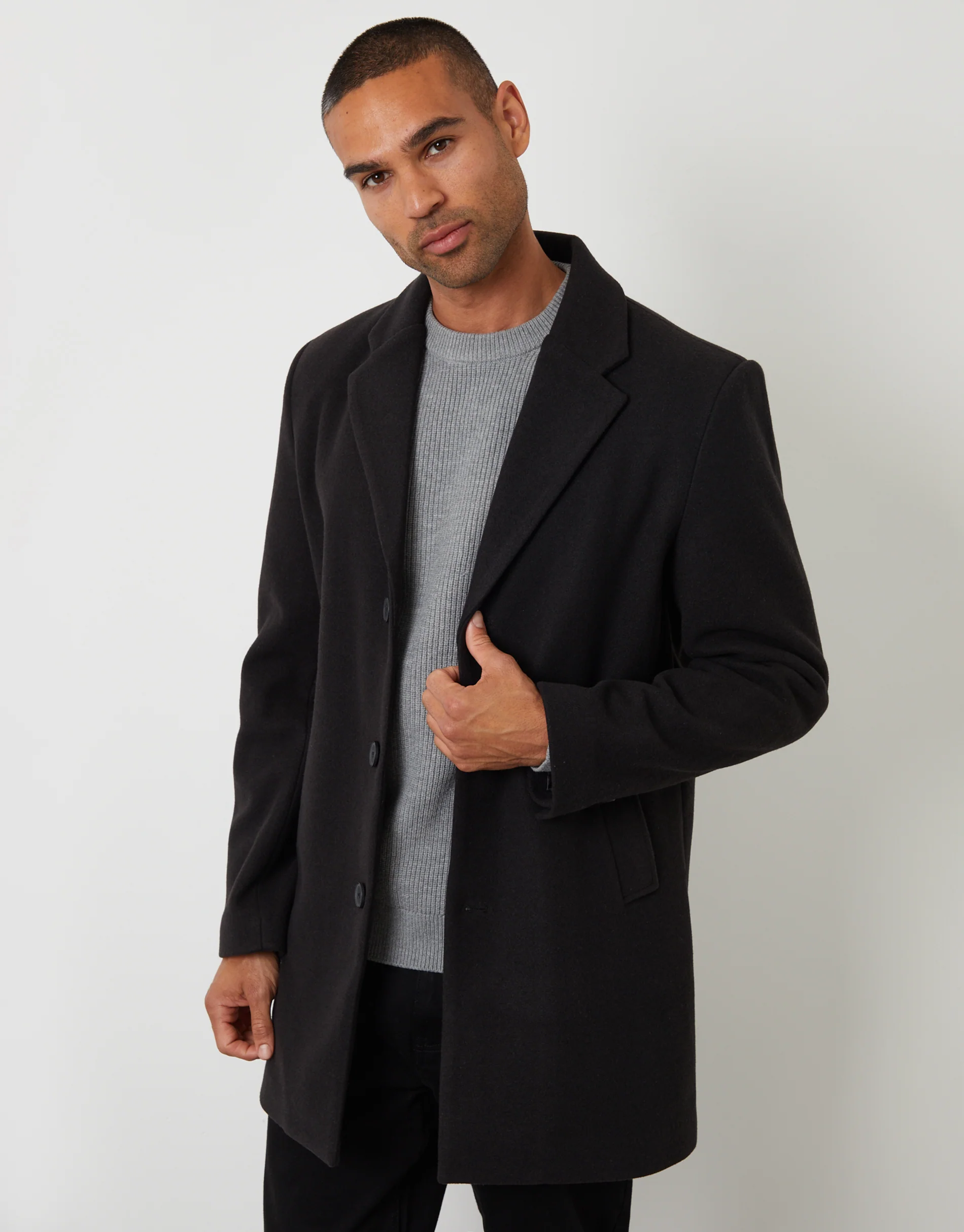 Faux Wool Overcoat in Black