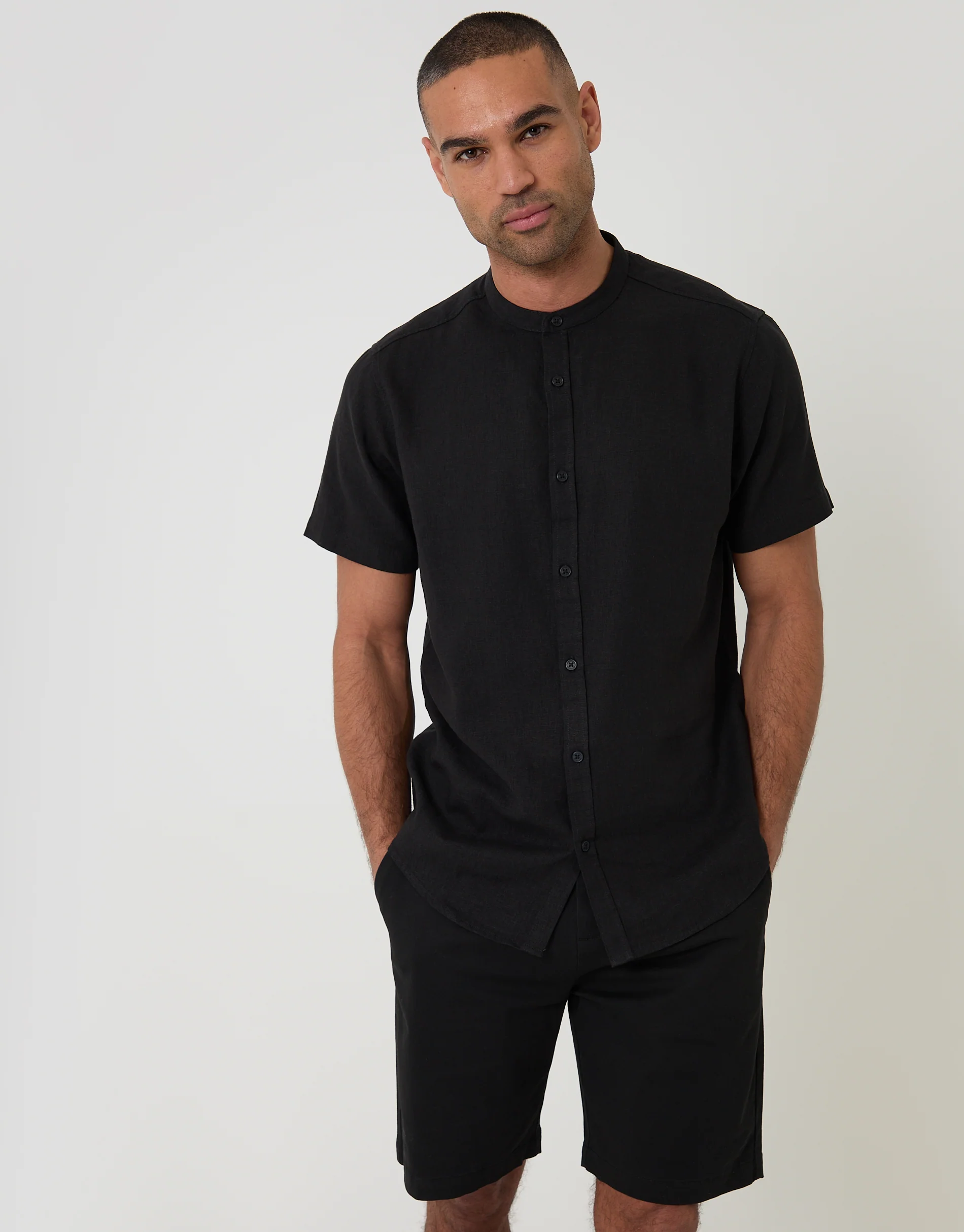 Grandad Collar Linen Blend Short Sleeve Shirt in Black