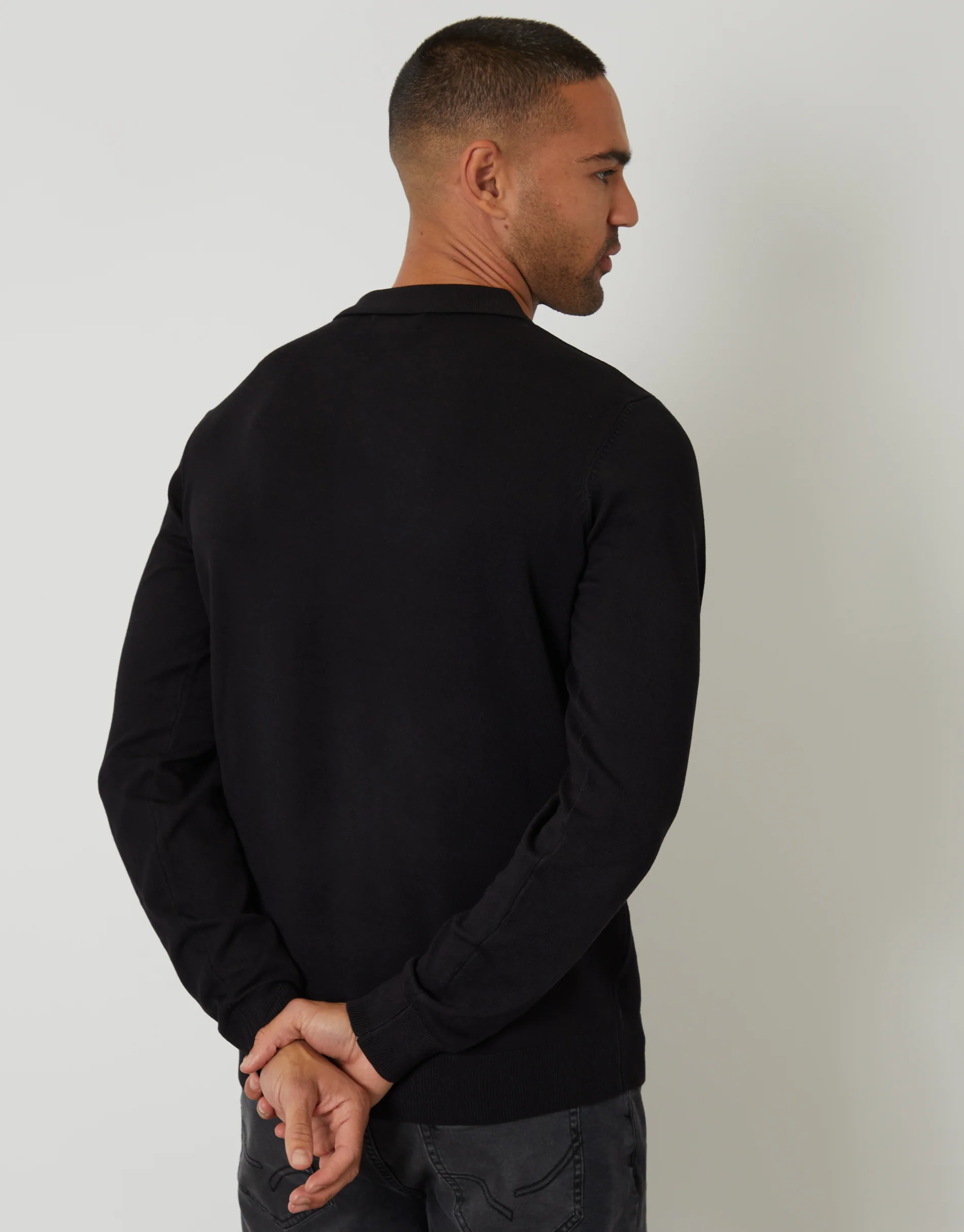 Knitted Long Sleeve Polo Jumper in Black - Image 2
