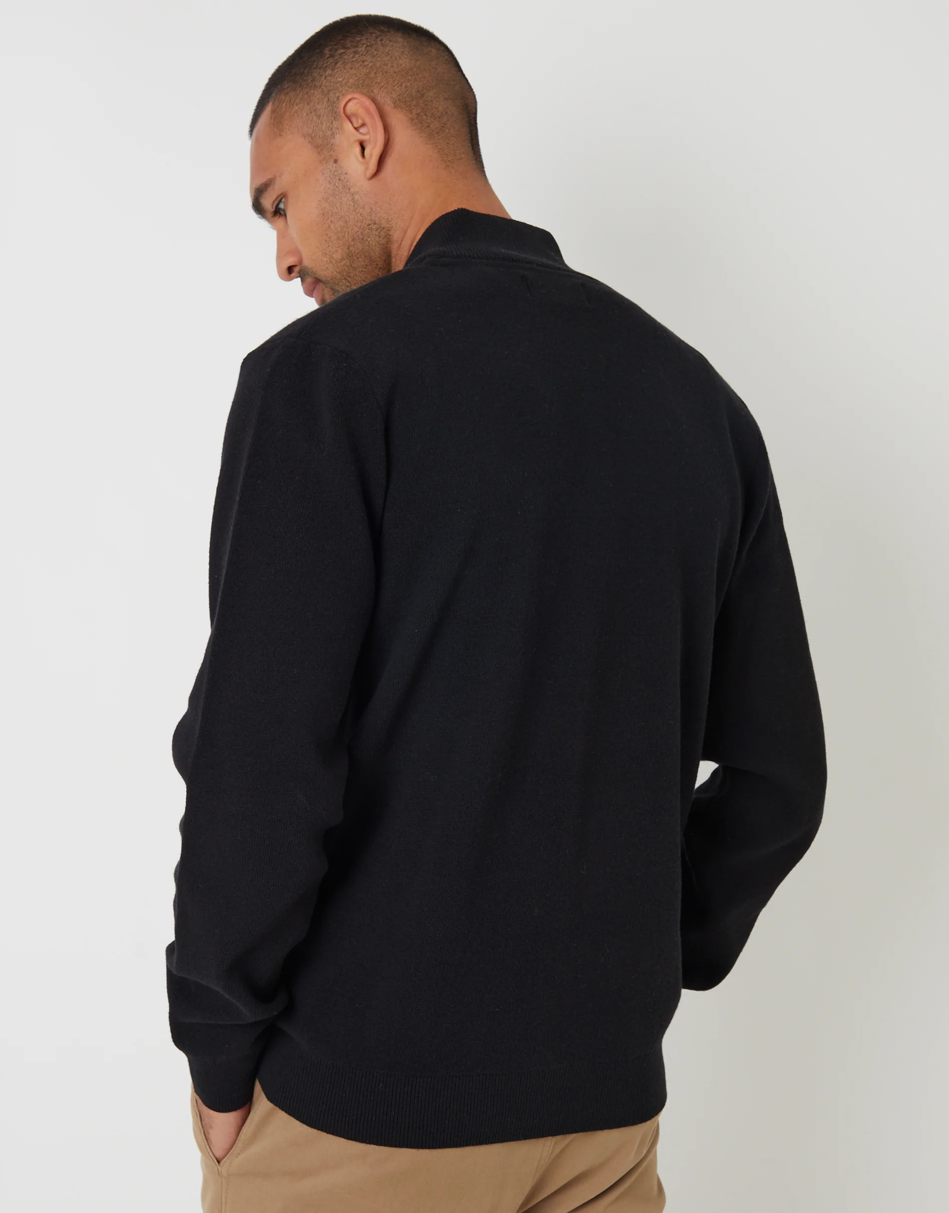 Knitted Zip Up Funnel Neck Cardigan in Black - Image 2