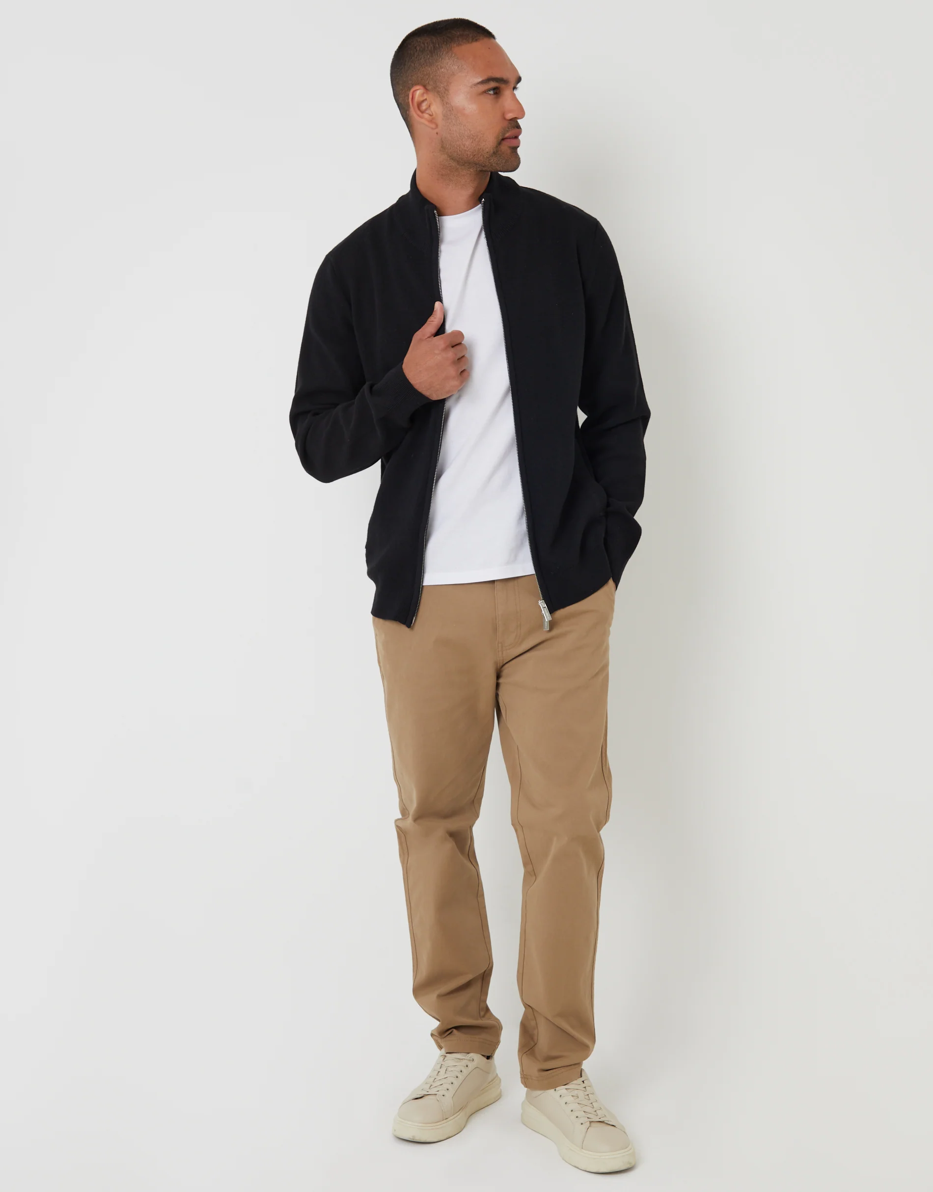 Knitted Zip Up Funnel Neck Cardigan in Black - Image 3
