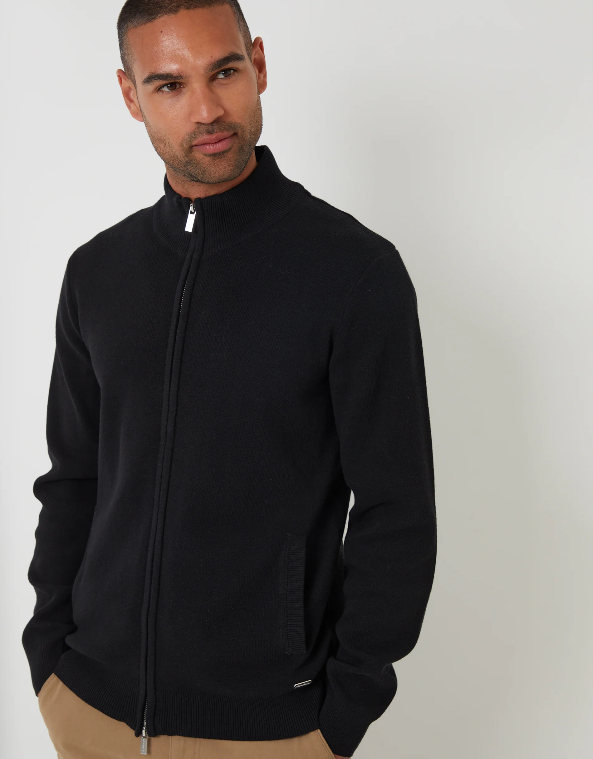 Knitted Zip Up Funnel Neck Cardigan in Black - Image 4