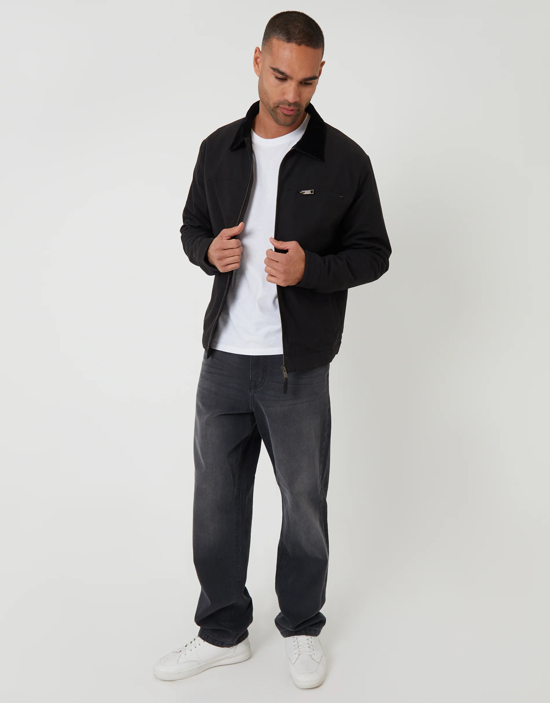 Lightweight Cotton Canvas Jacket With Corduroy Collar in Black - Image 3