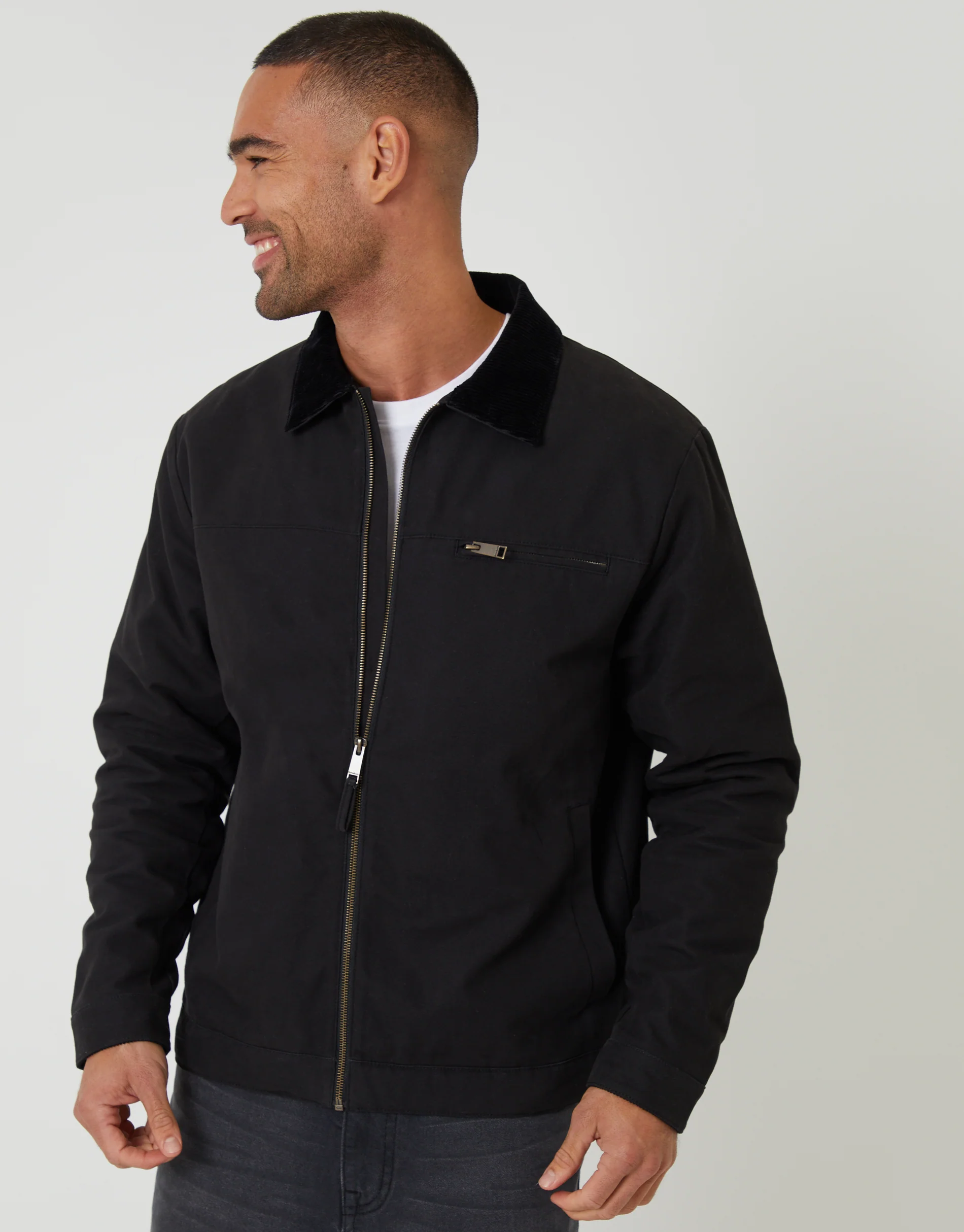 Lightweight Cotton Canvas Jacket With Corduroy Collar in Black - Image 4