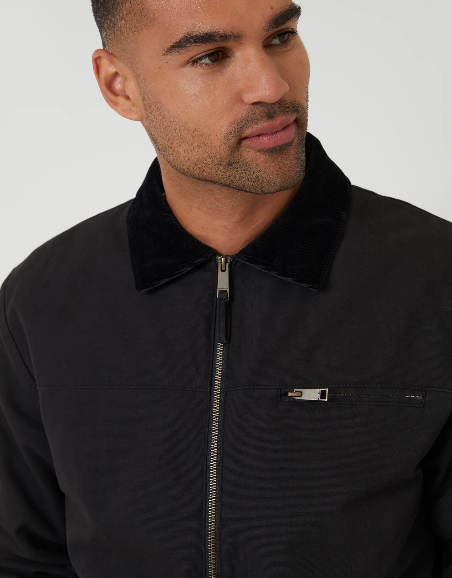 Lightweight Cotton Canvas Jacket With Corduroy Collar in Black - Image 5