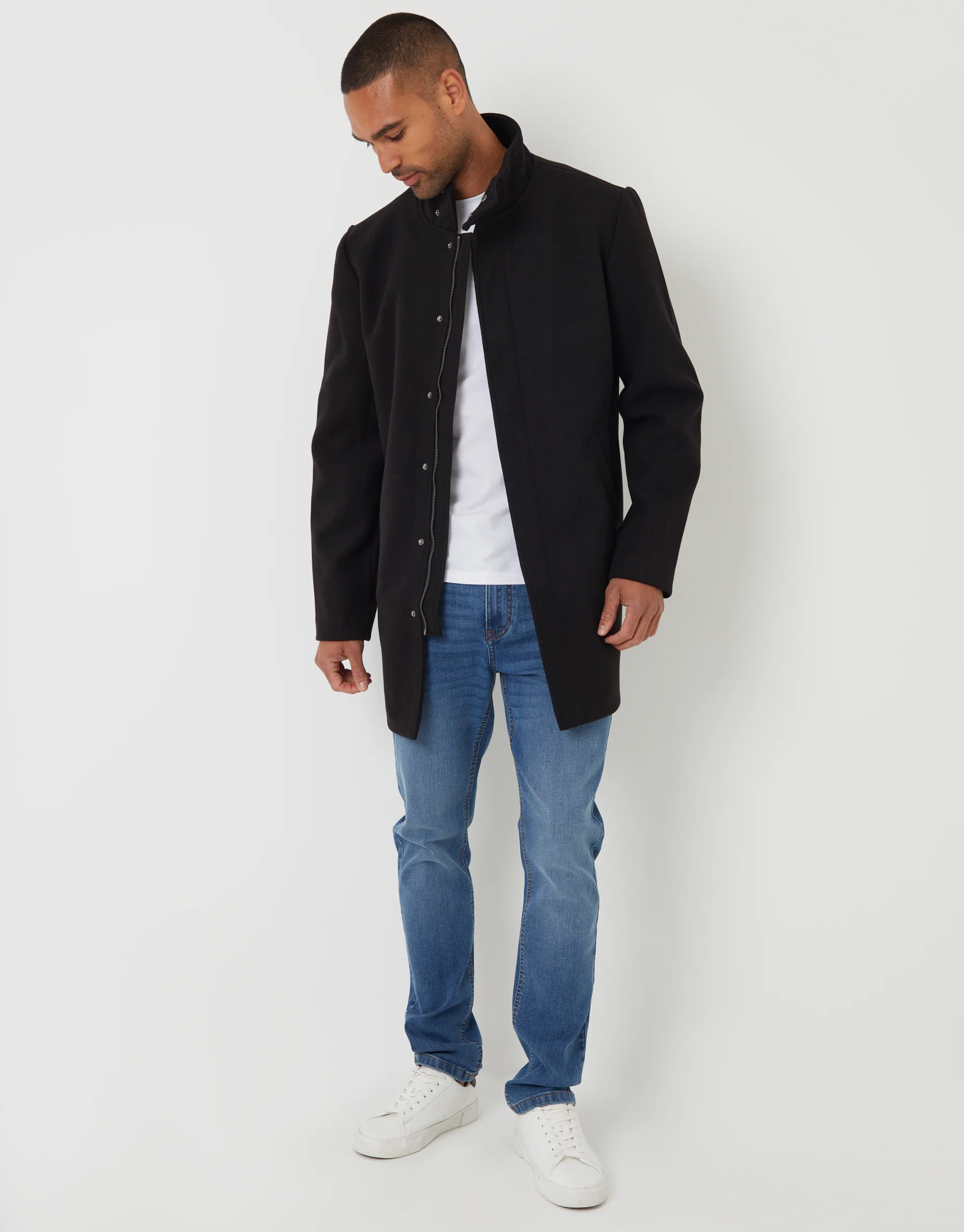 Longline Faux Wool Funnel Neck Coat in Black - Image 3