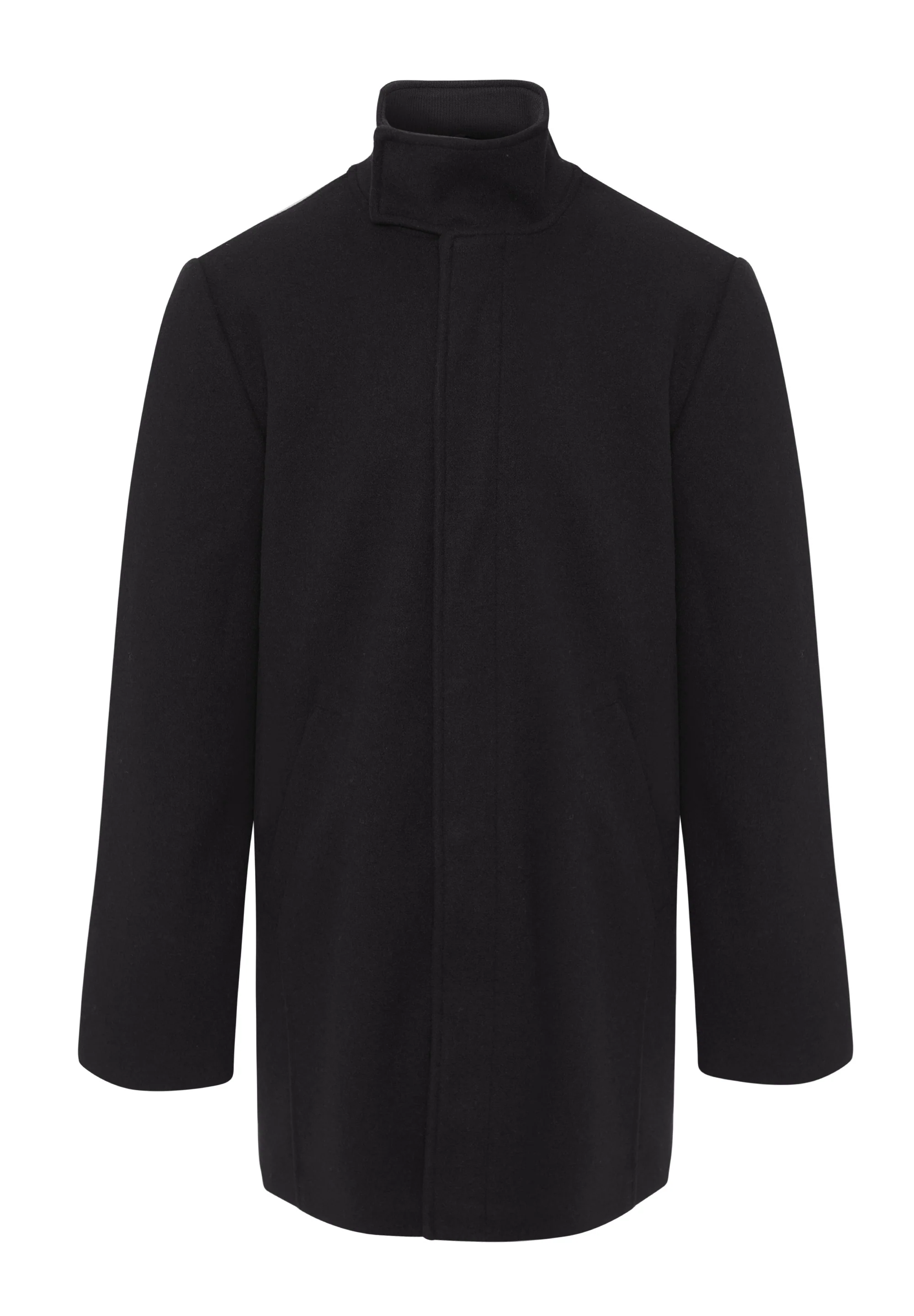 Longline Faux Wool Funnel Neck Coat in Black - Image 7