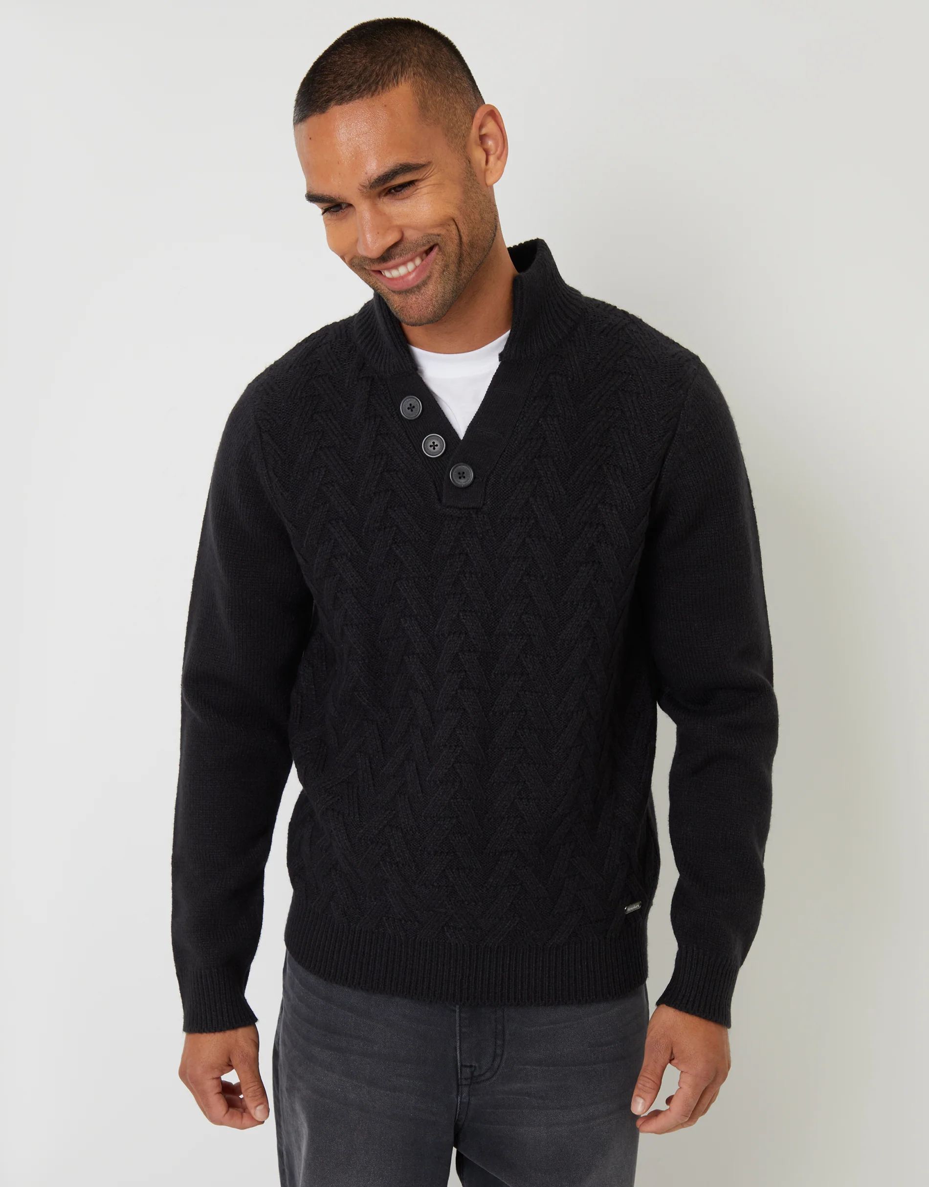 Mock Neck Funnel Neck Cable Knit Jumper in Black
