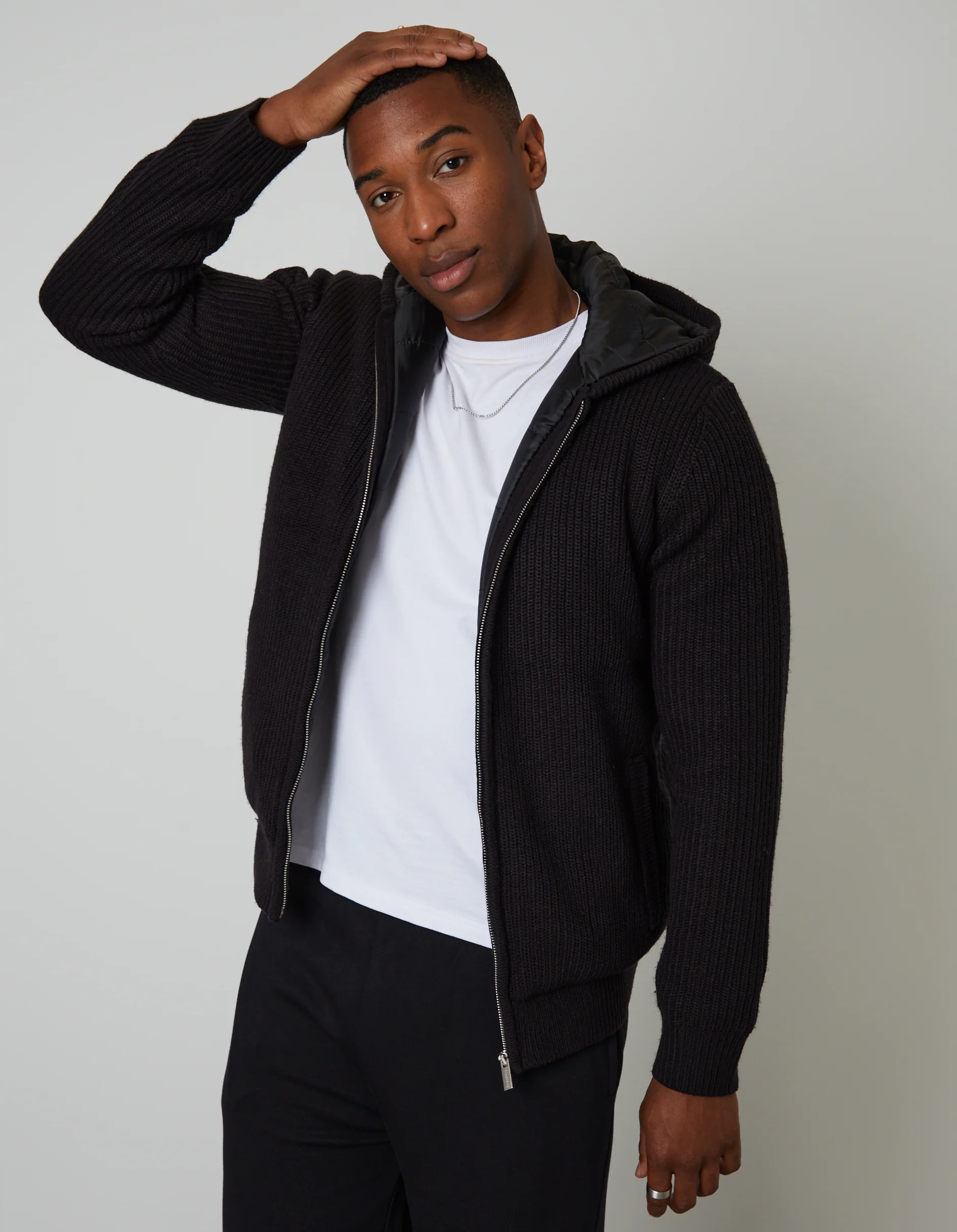 Padded Knitted Jacket in Black - Image 3