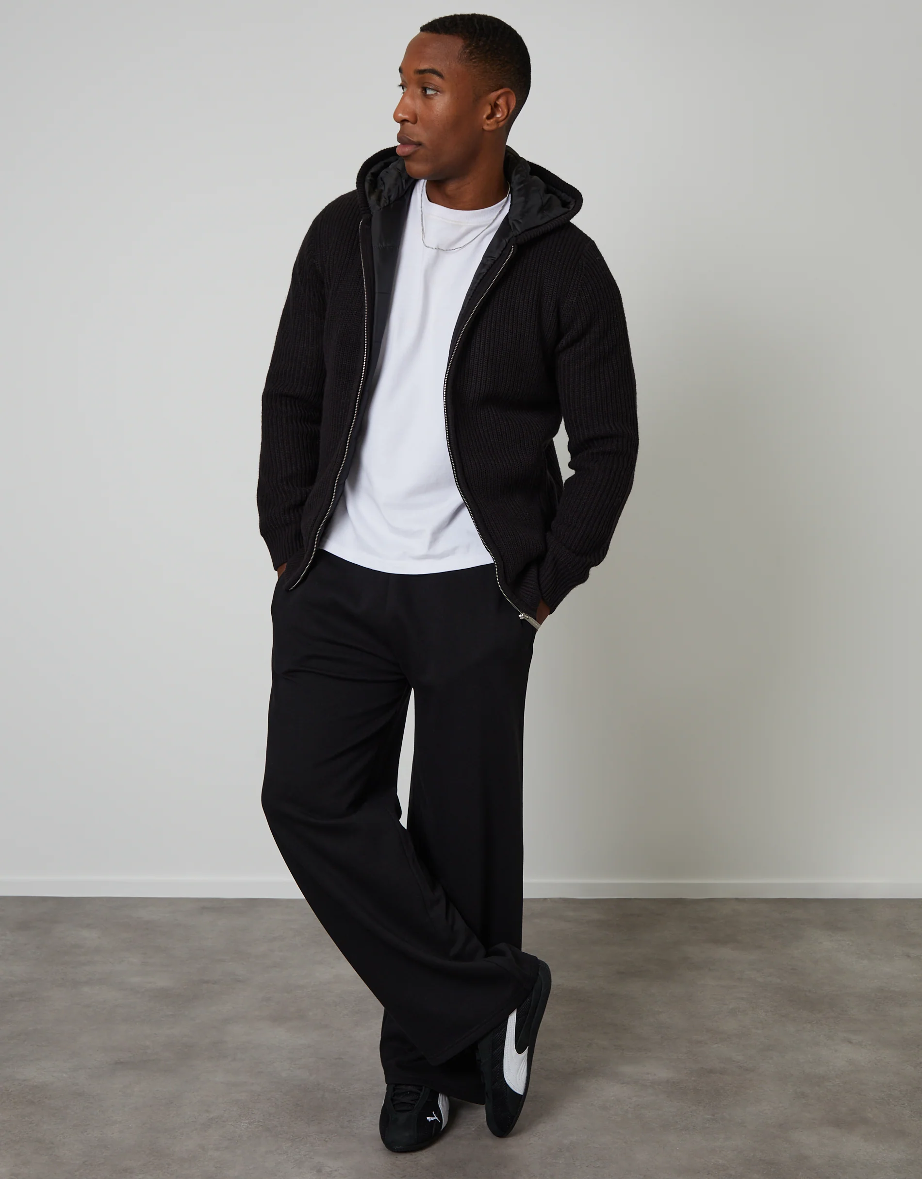 Padded Knitted Jacket in Black - Image 4