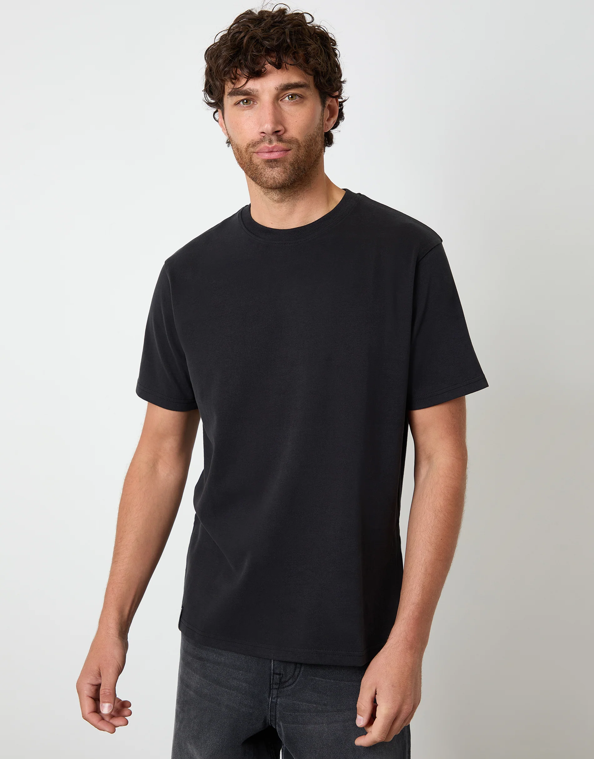 Peached Cotton Crew Neck T-Shirt in Black
