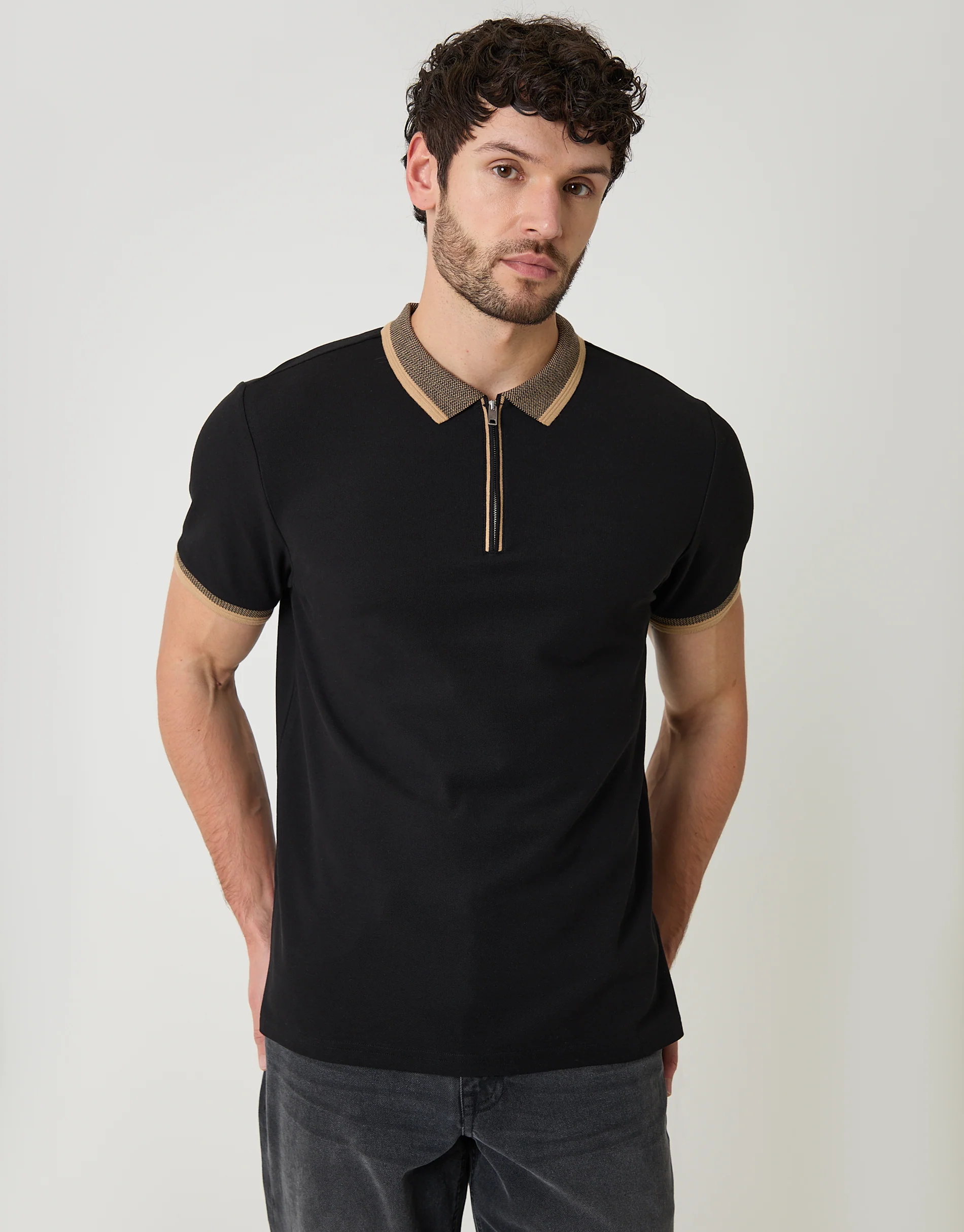 Pique Tipping Collar Quarter Zip Polo Shirt in Black