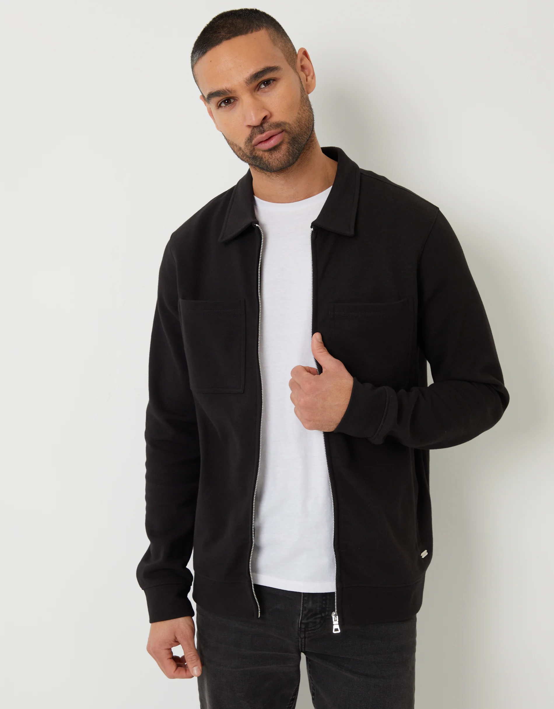 Pique Zip Through Shacket in Black