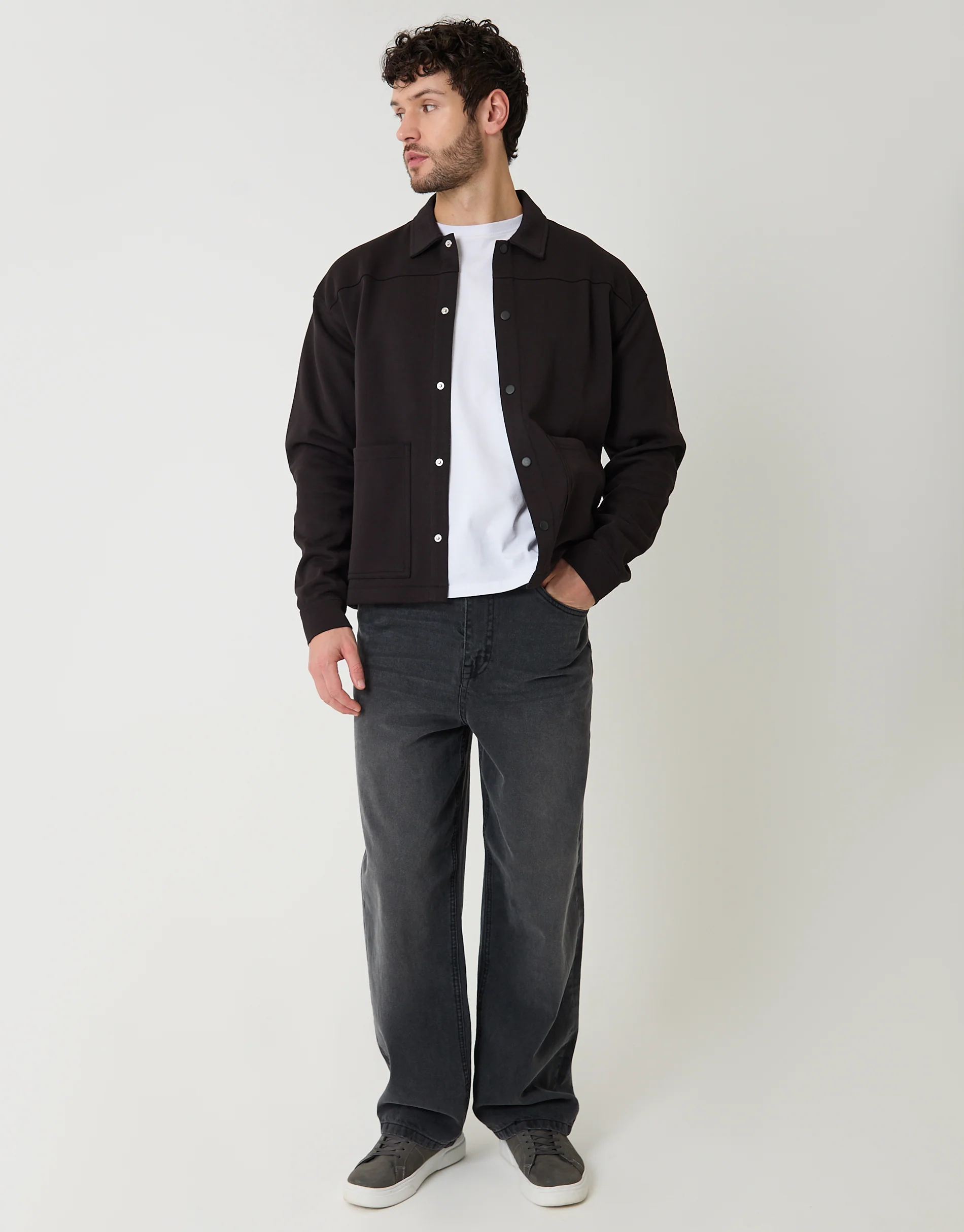 Cropped Fit Popper Fastening Shacket in Black - Image 3