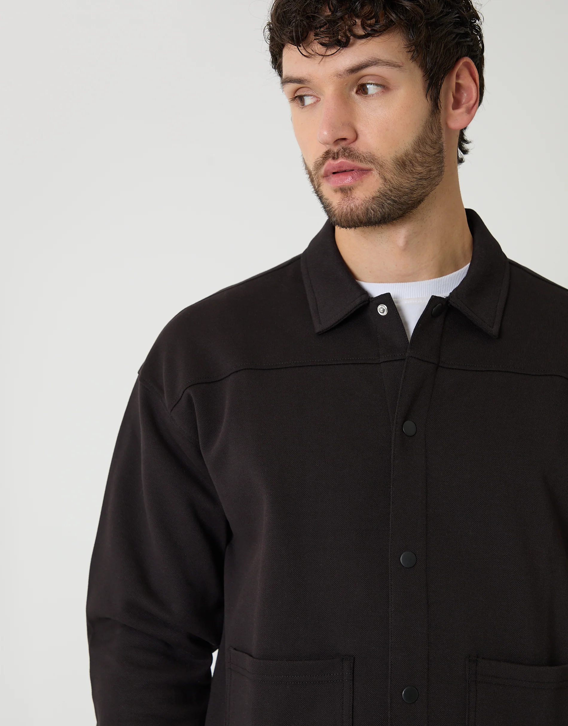 Cropped Fit Popper Fastening Shacket in Black - Image 4