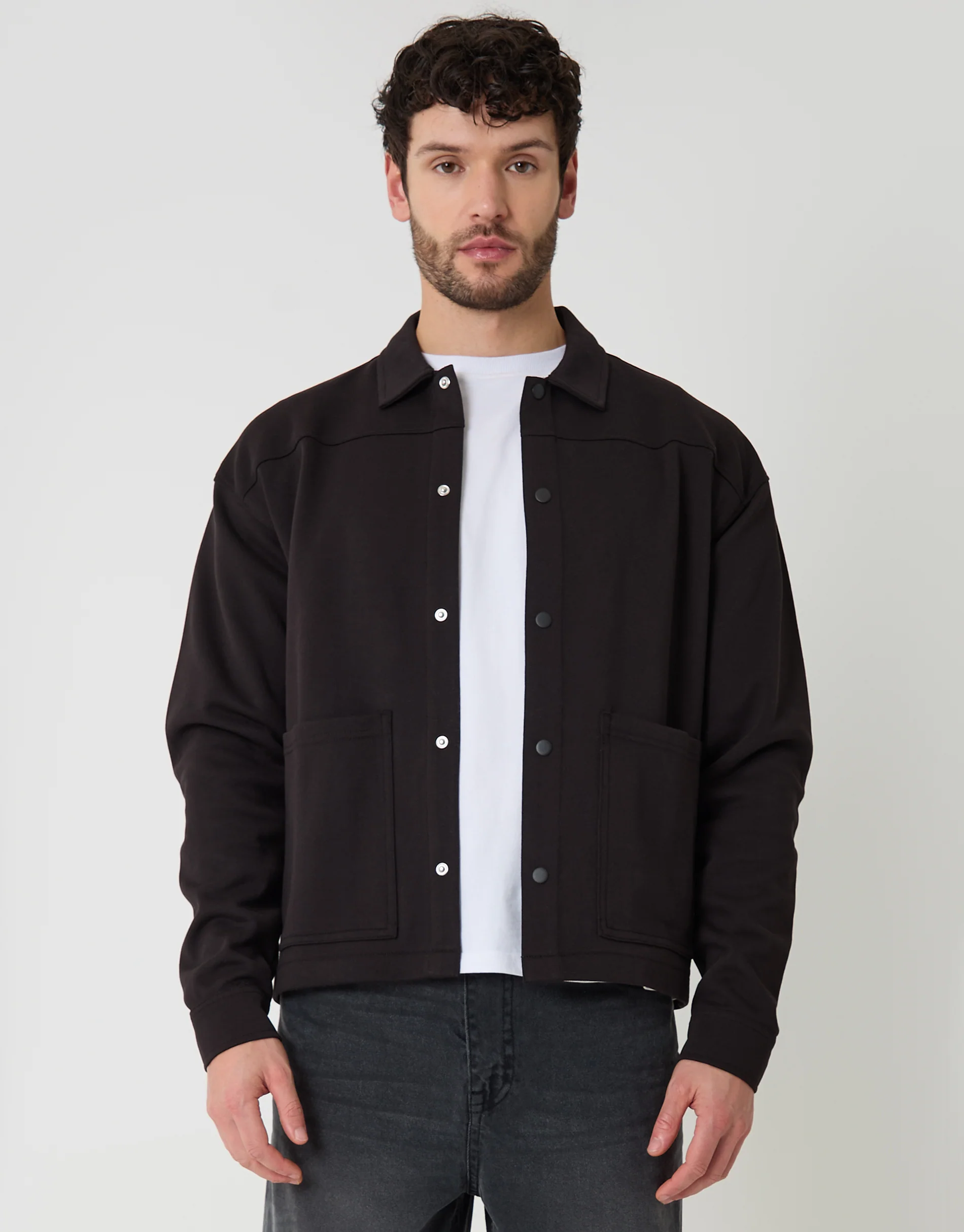 Cropped Fit Popper Fastening Shacket in Black - Image 5