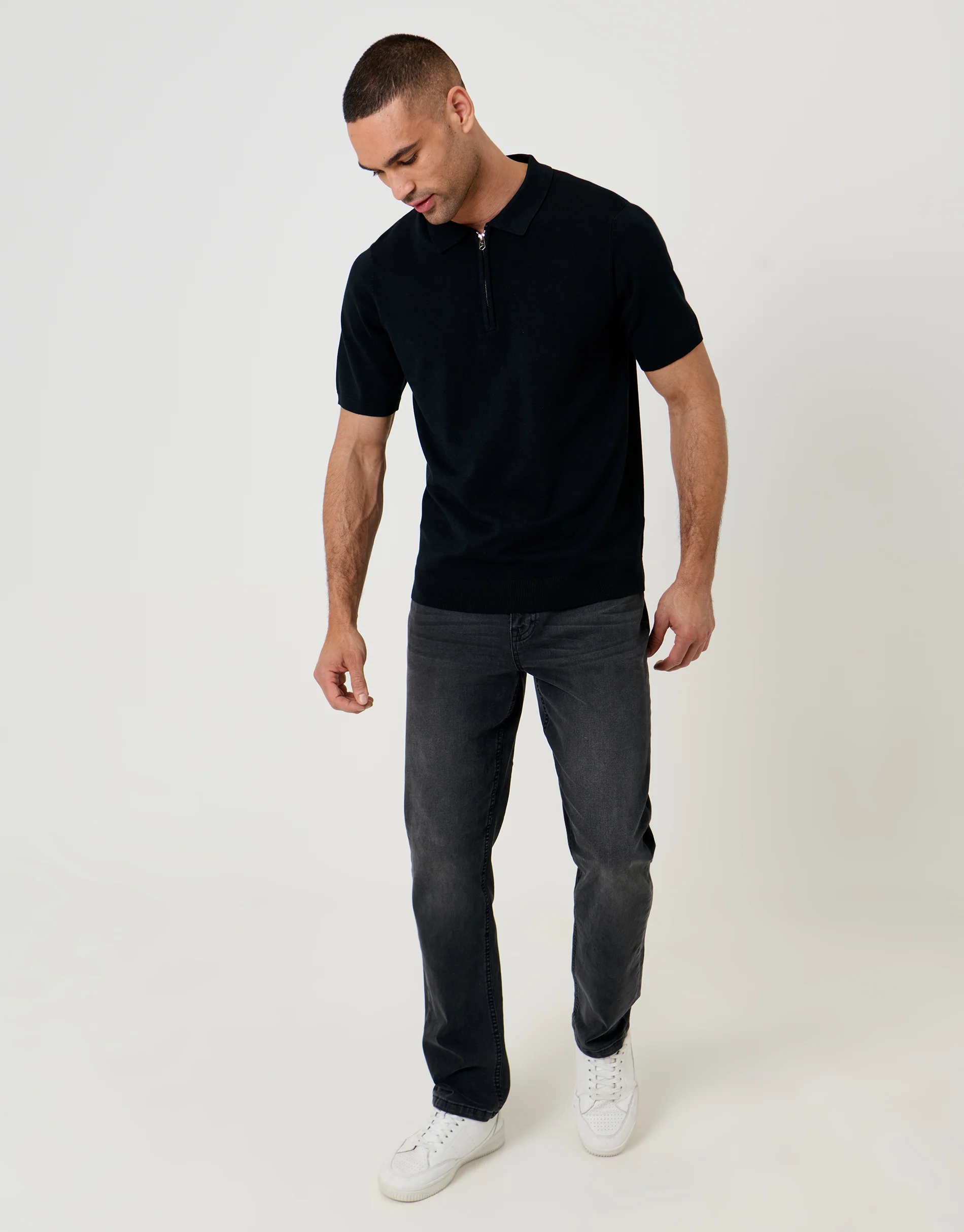 Quarter Zip Knitted Polo in Black - Image 3