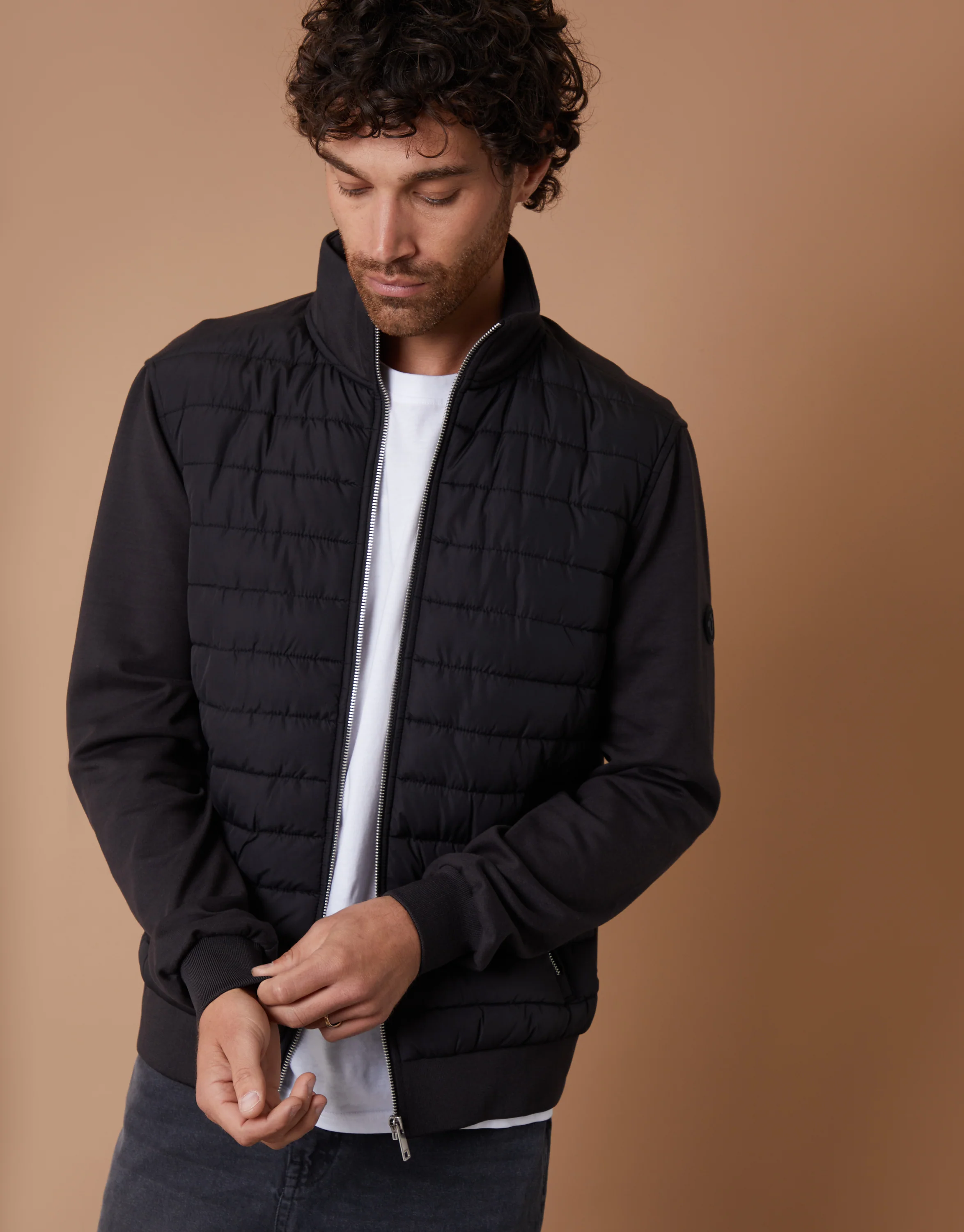 Quilted Hybrid Funnel Neck Jacket in Black - Image 5