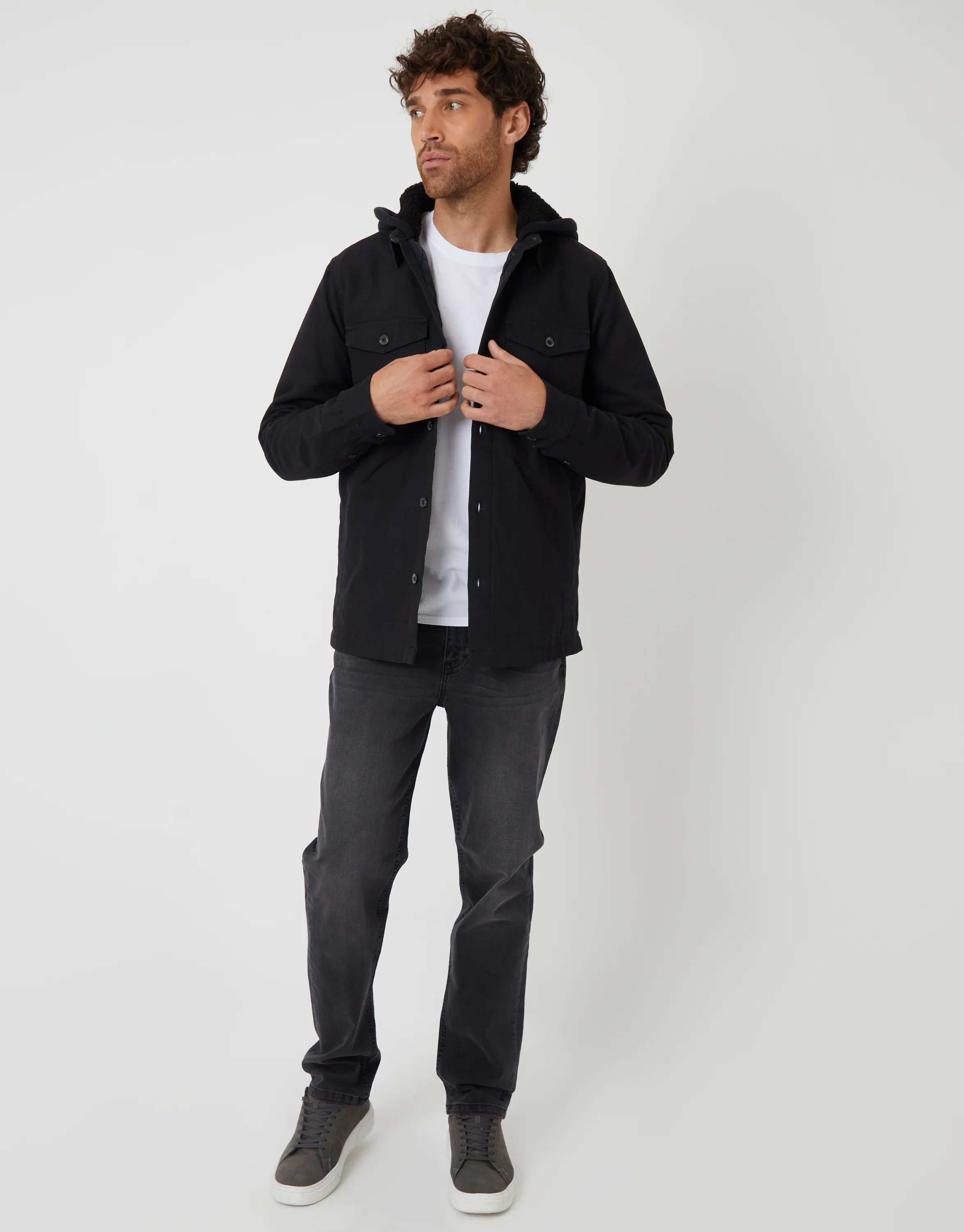Quilted Shacket with Borg Lined Hood in Black - Image 3