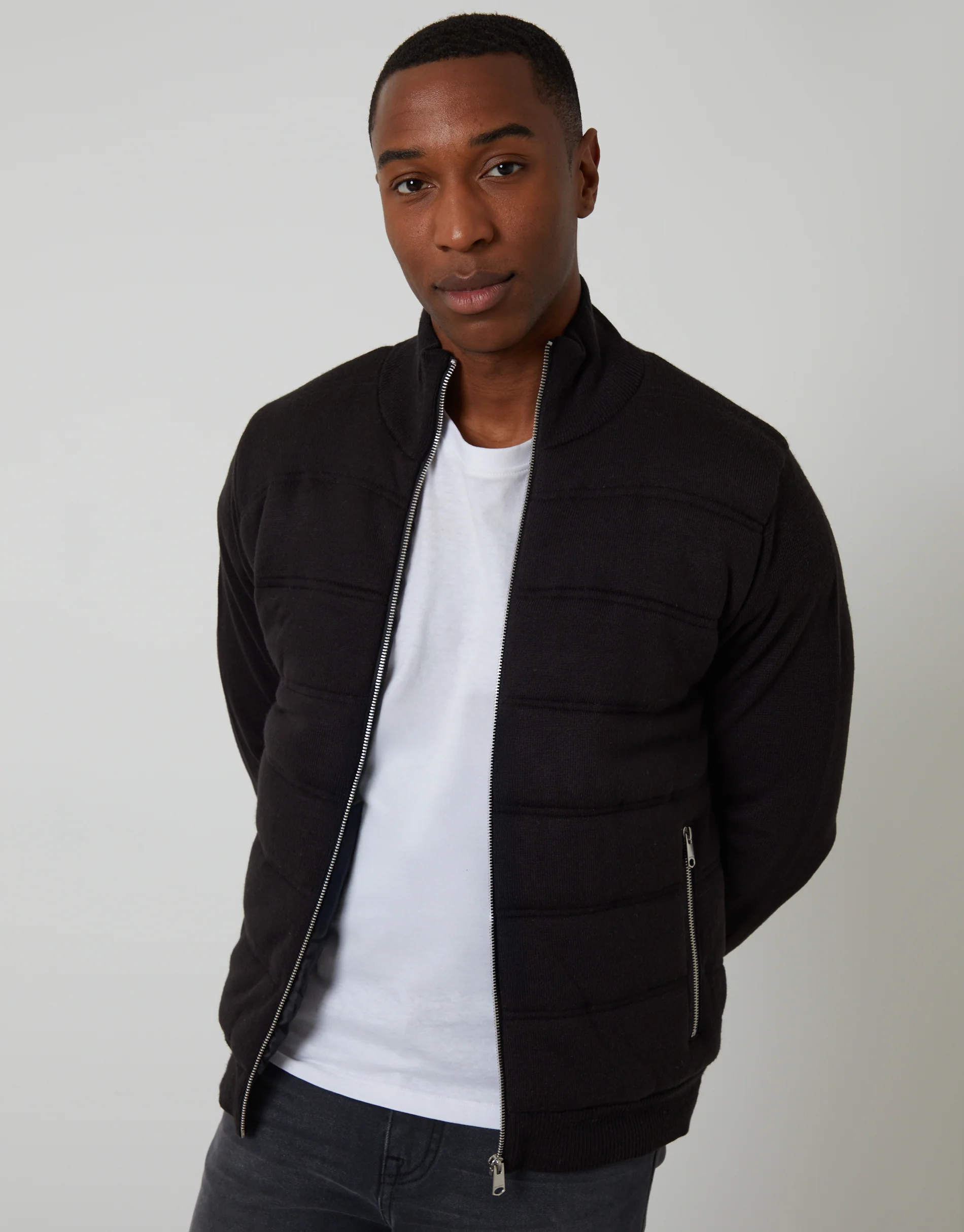 Quilted Zip Up Knitted Jacket in Black