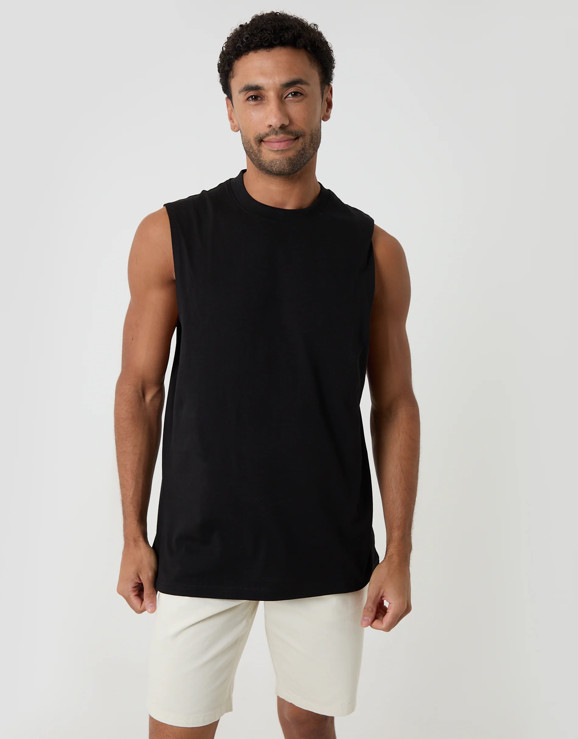 Relaxed Fit Cotton Crew Neck Vest in Black