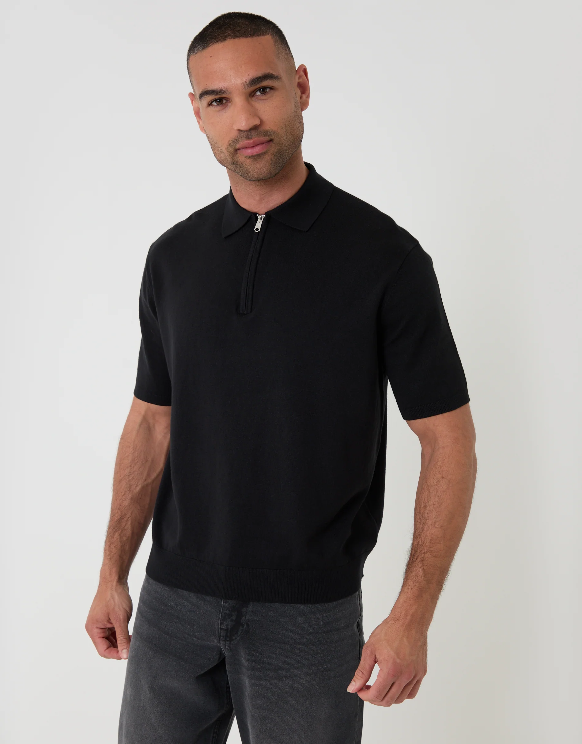 Relaxed Fit Knitted Quarter Zip Polo in Black