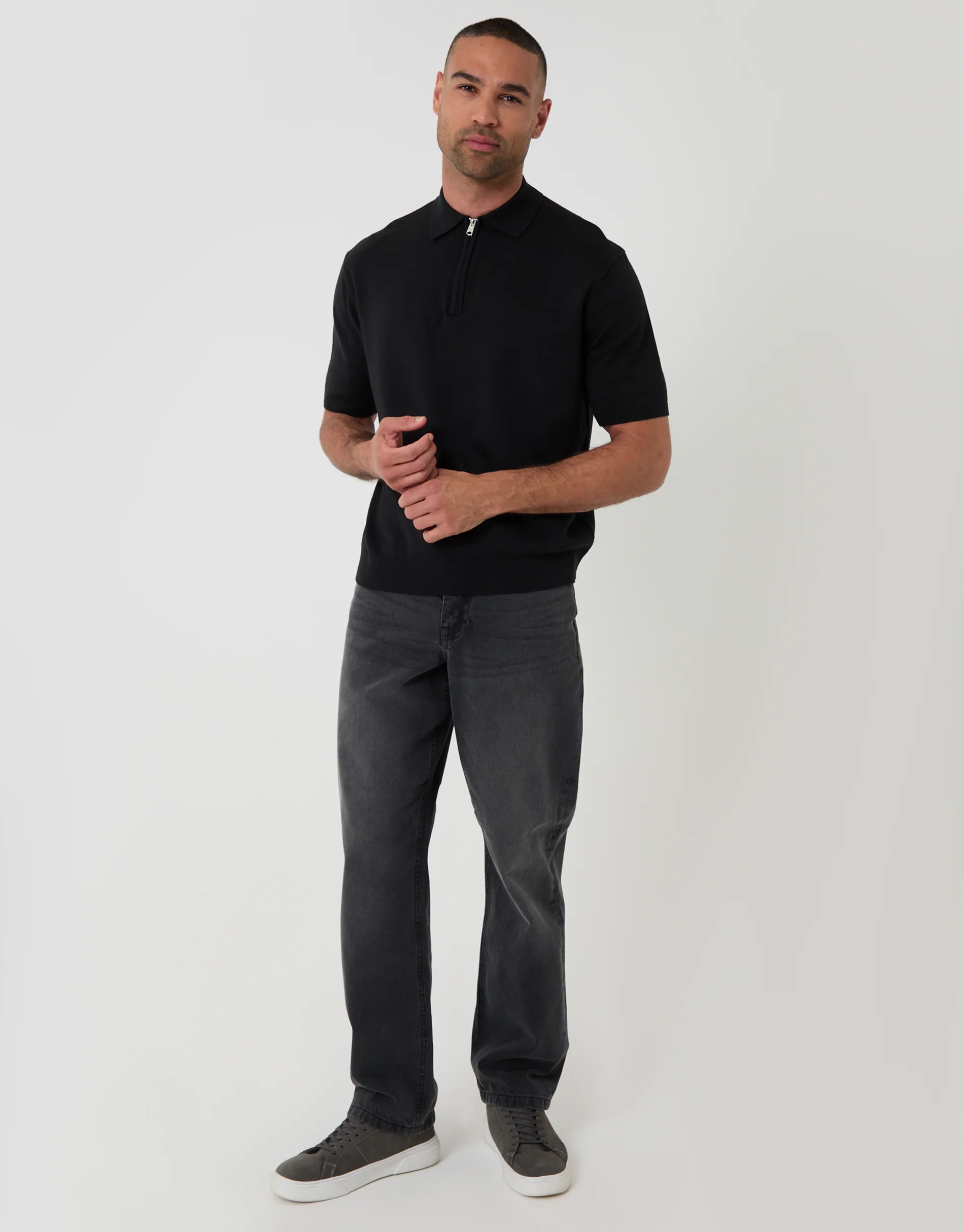 Relaxed Fit Knitted Quarter Zip Polo in Black - Image 3