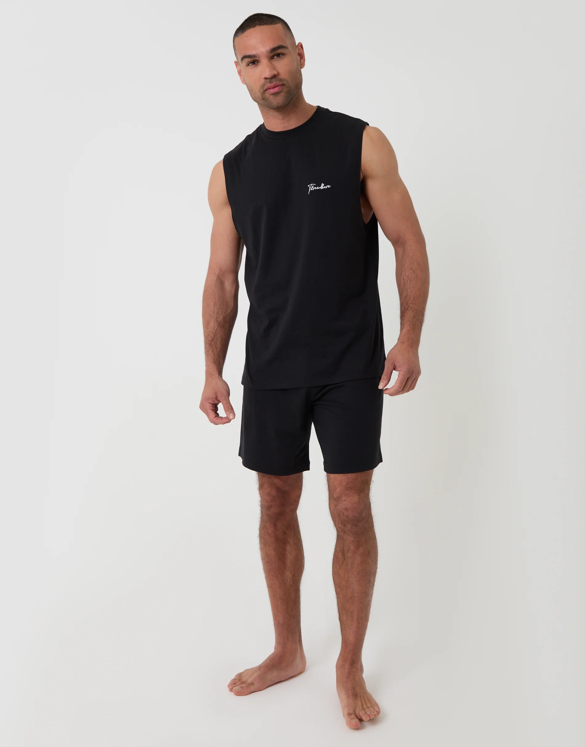 Relaxed Fit Sleeveless Short Lounge Set in Black - Image 3