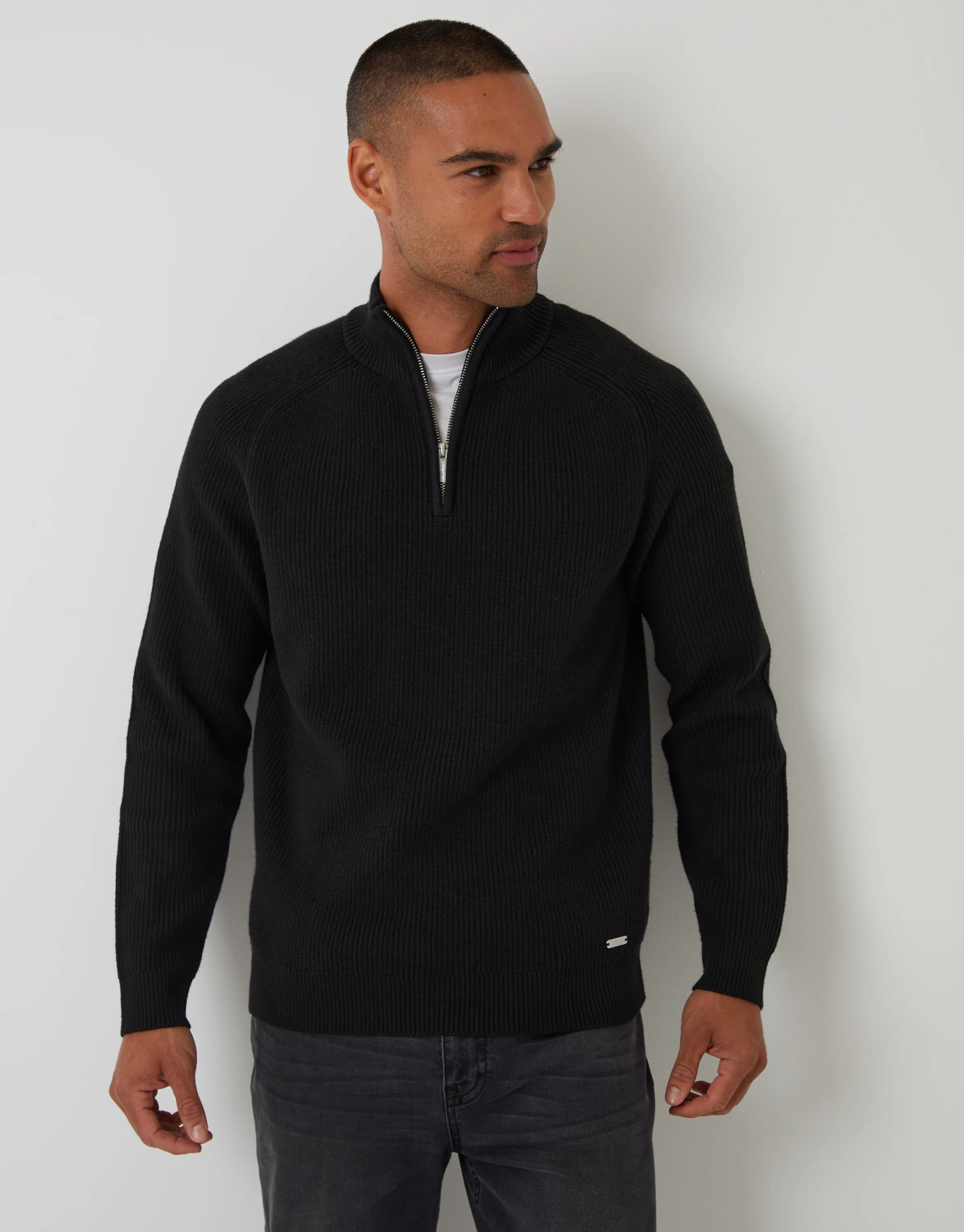 Rib Panel Quarter Zip Knitted Jumper in Black