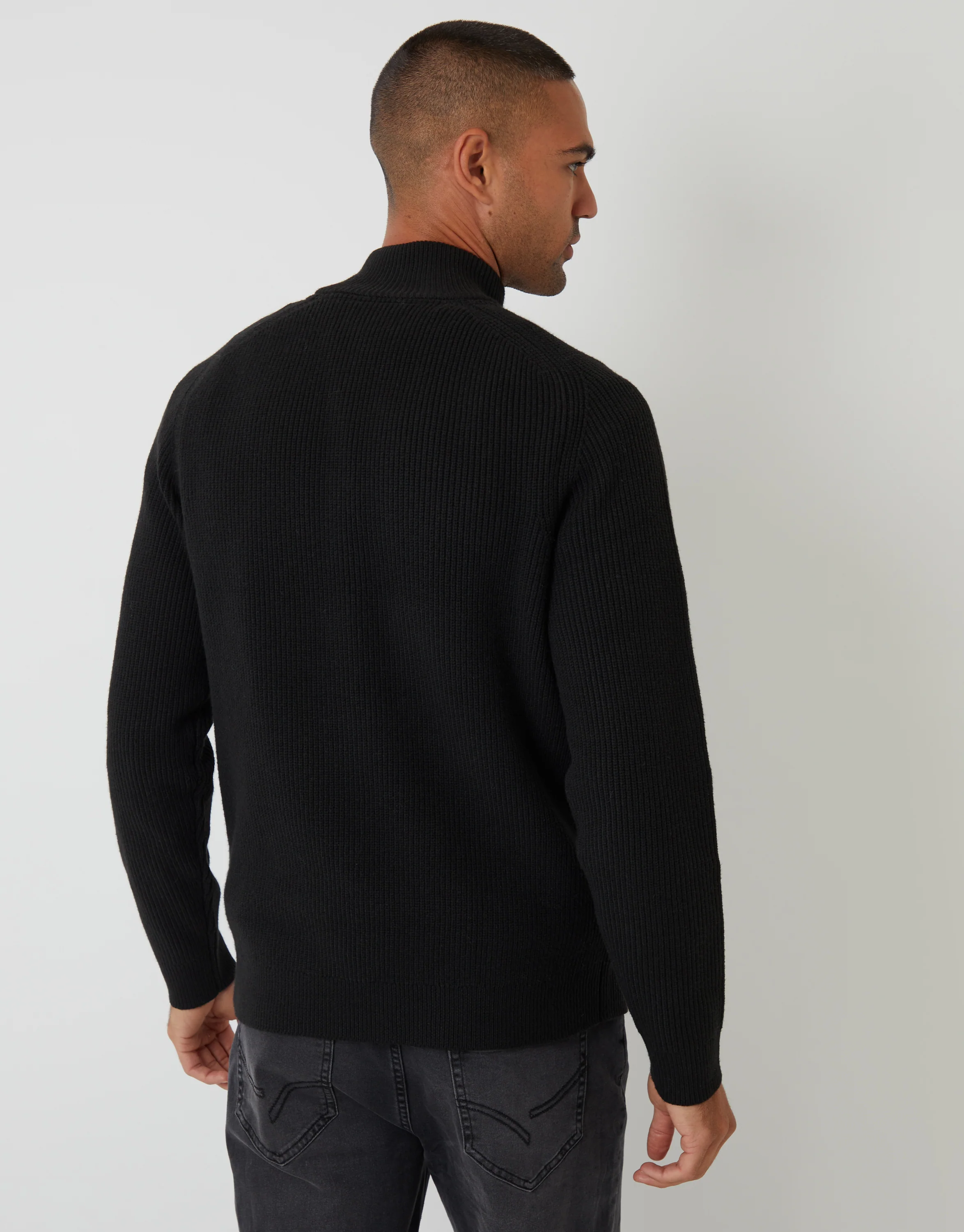 Rib Panel Quarter Zip Knitted Jumper in Black - Image 2