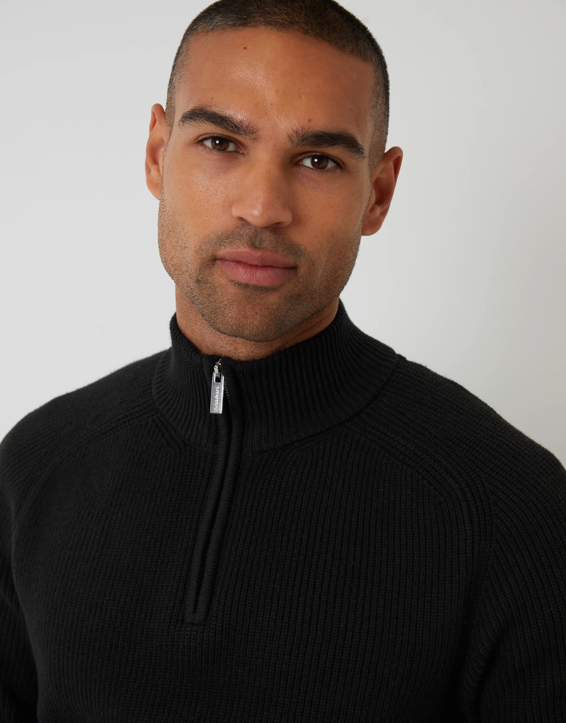 Rib Panel Quarter Zip Knitted Jumper in Black - Image 4