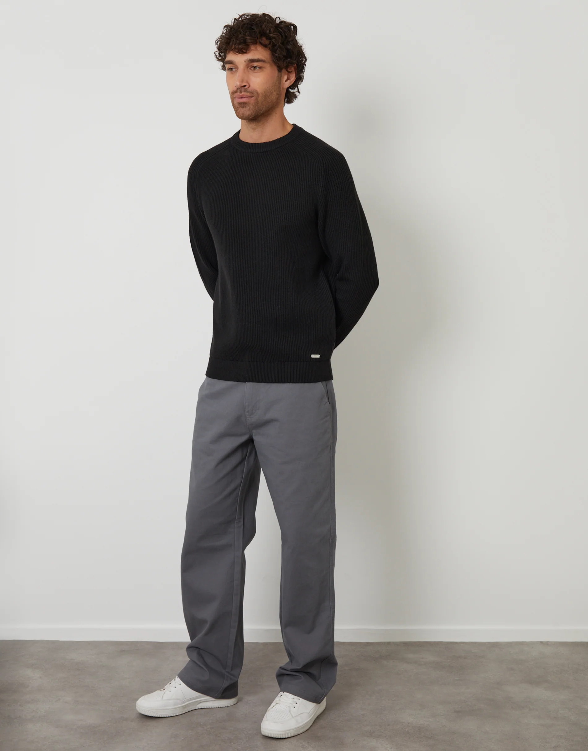 Saddle Sleeve Knitted Crew Neck Jumper in Black - Image 3