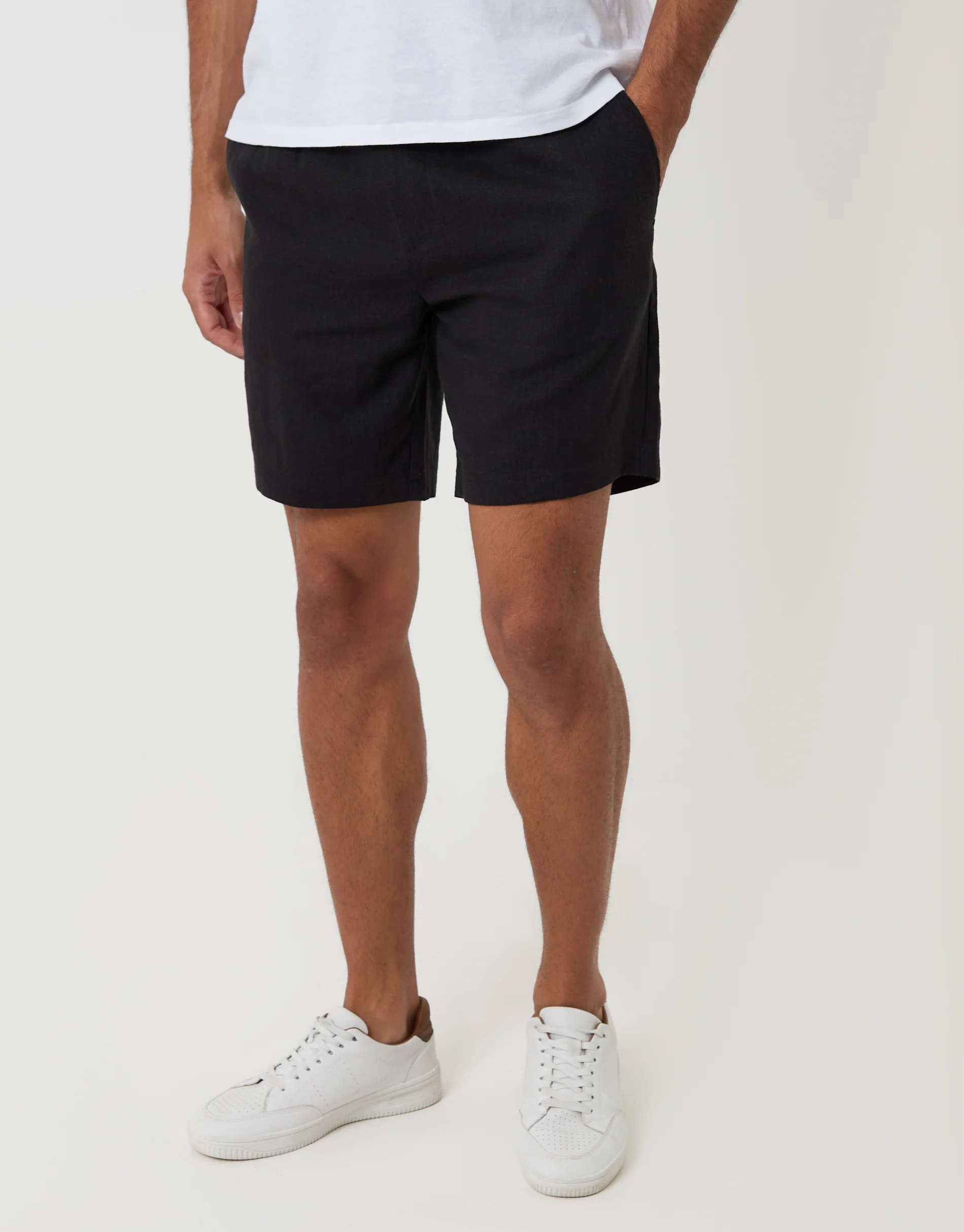 Shorter Length Elasticated Waist Linen Blend Shorts in Black