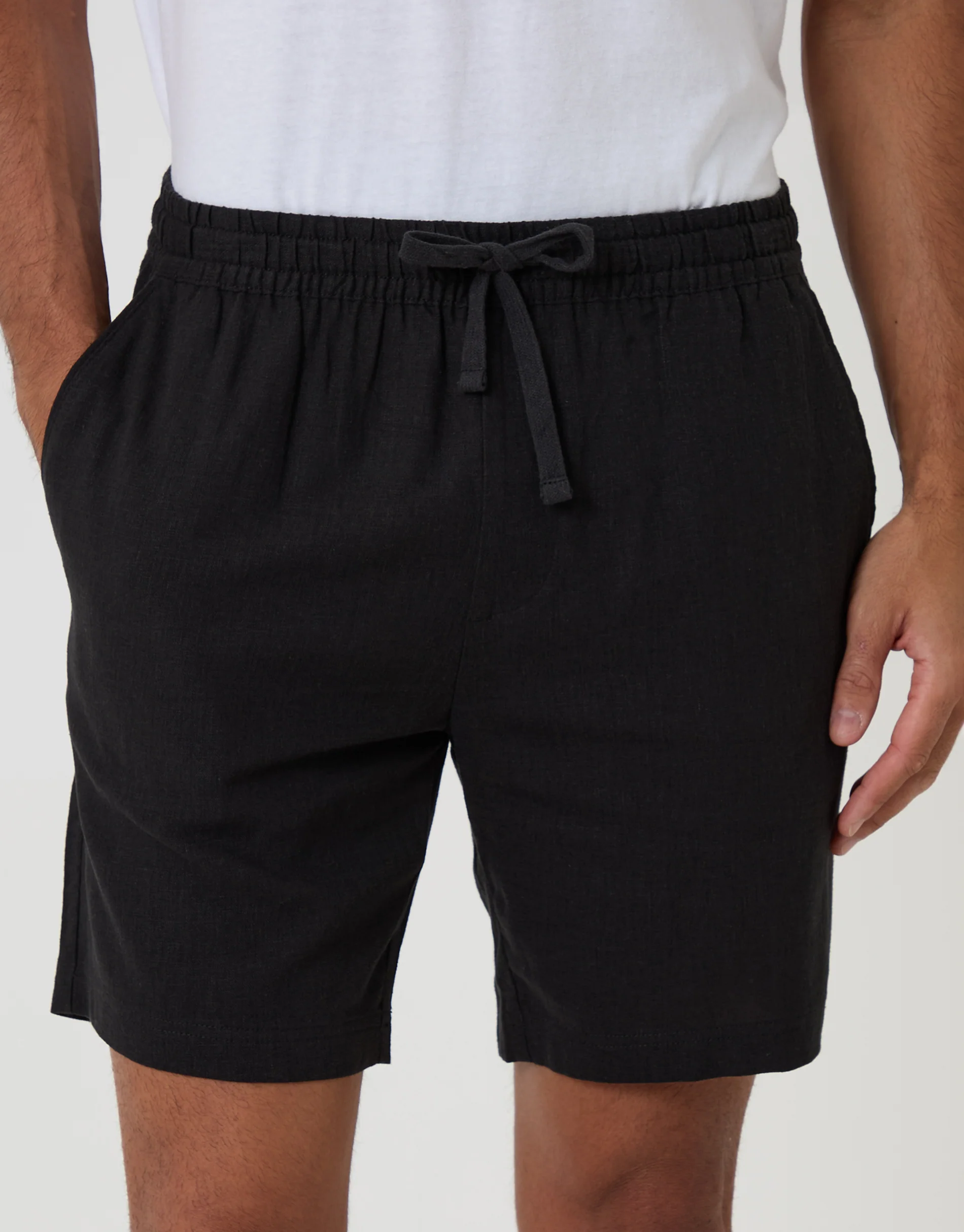 Shorter Length Elasticated Waist Linen Blend Shorts in Black - Image 4
